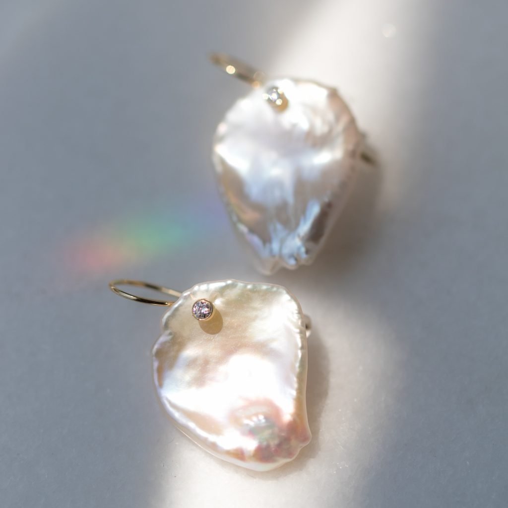 baroque pearl and diamond earrings by jewelry designer Mizuki