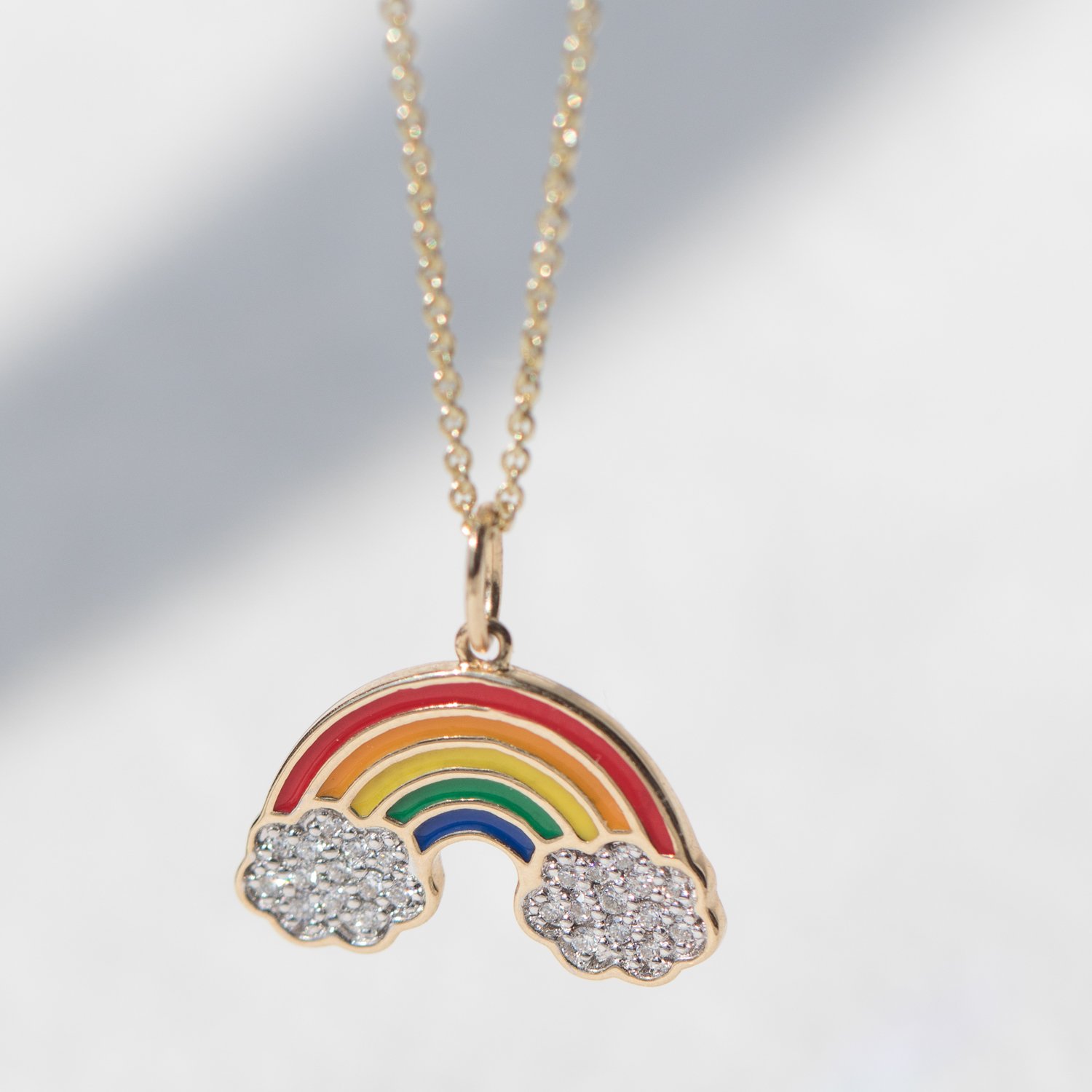 Sydney Evan: 14K large enamel rainbow charm necklace with white diamonds