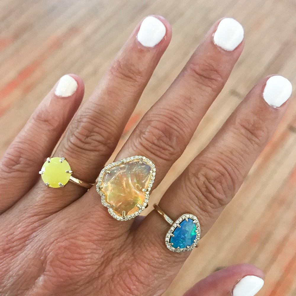 gold opal and diamond rings by jewelry designer Melissa Joy Manning