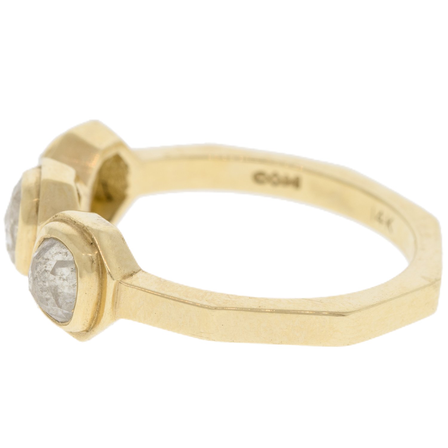 Chinchar/Maloney: TAAL ring in 14K recycled yellow gold with three icy white diamonds .94 TCW