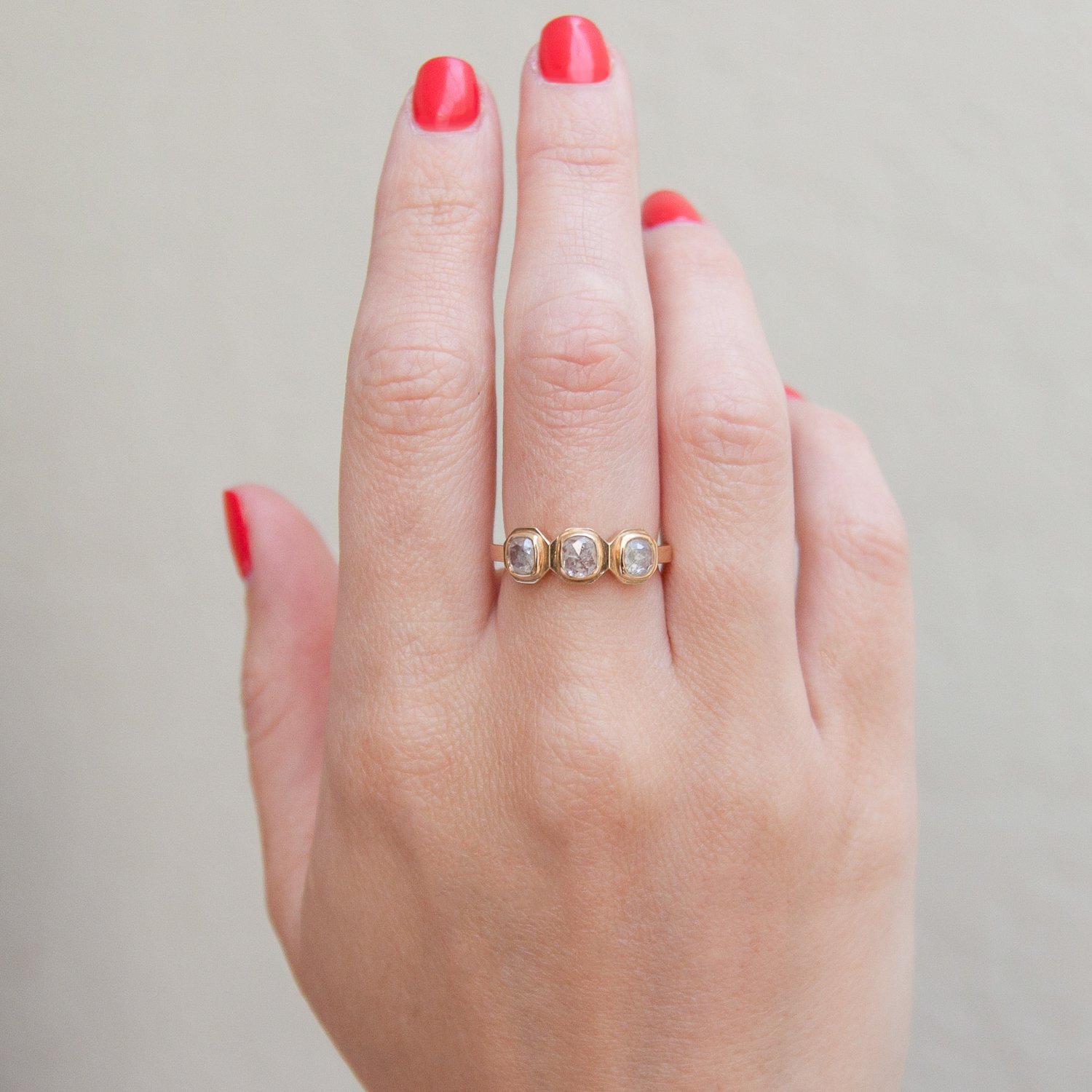 Chinchar/Maloney: TAAL ring in 14K recycled yellow gold with three icy white diamonds .94 TCW