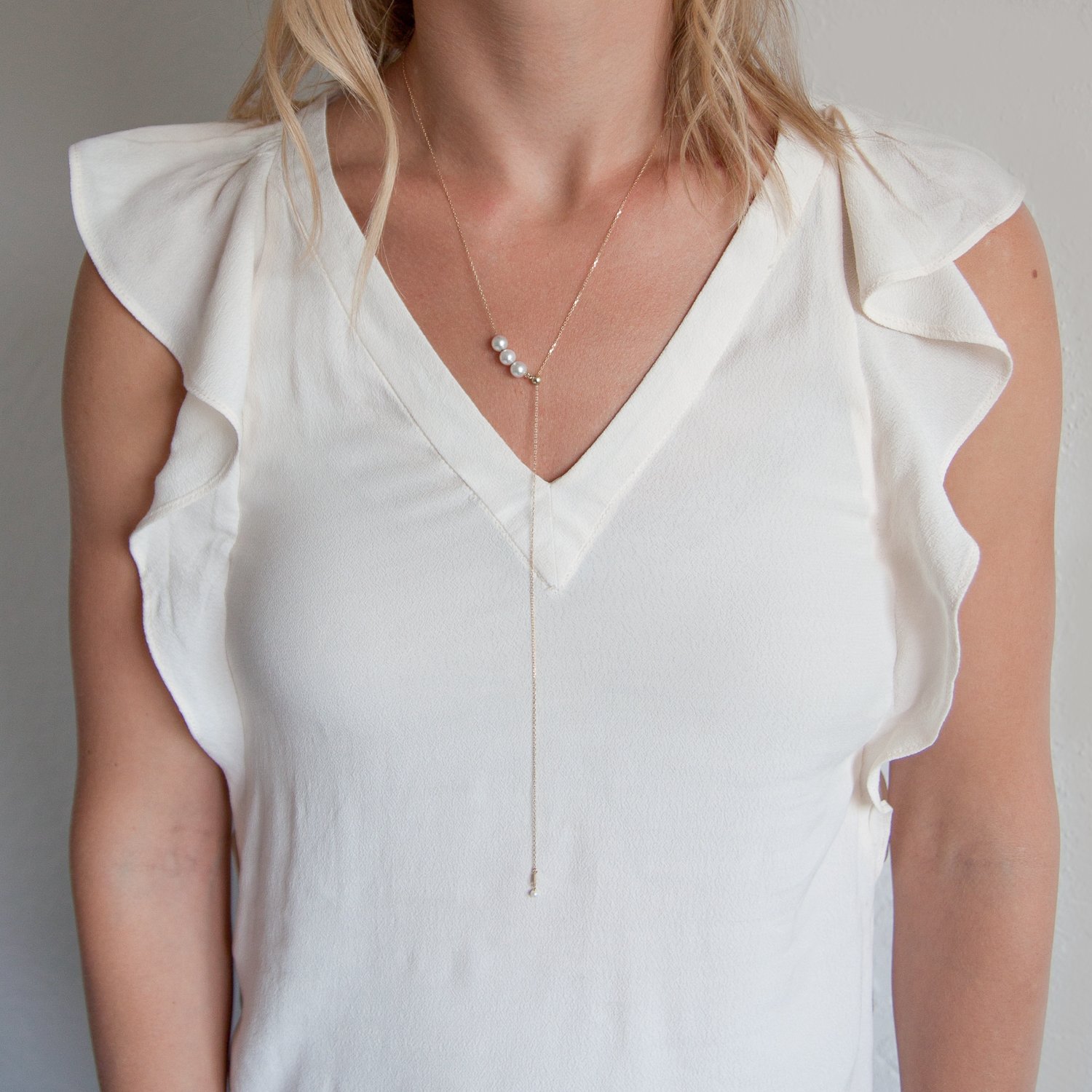 Mizuki: 14K necklace 27" adjustable three akoya pearl slider