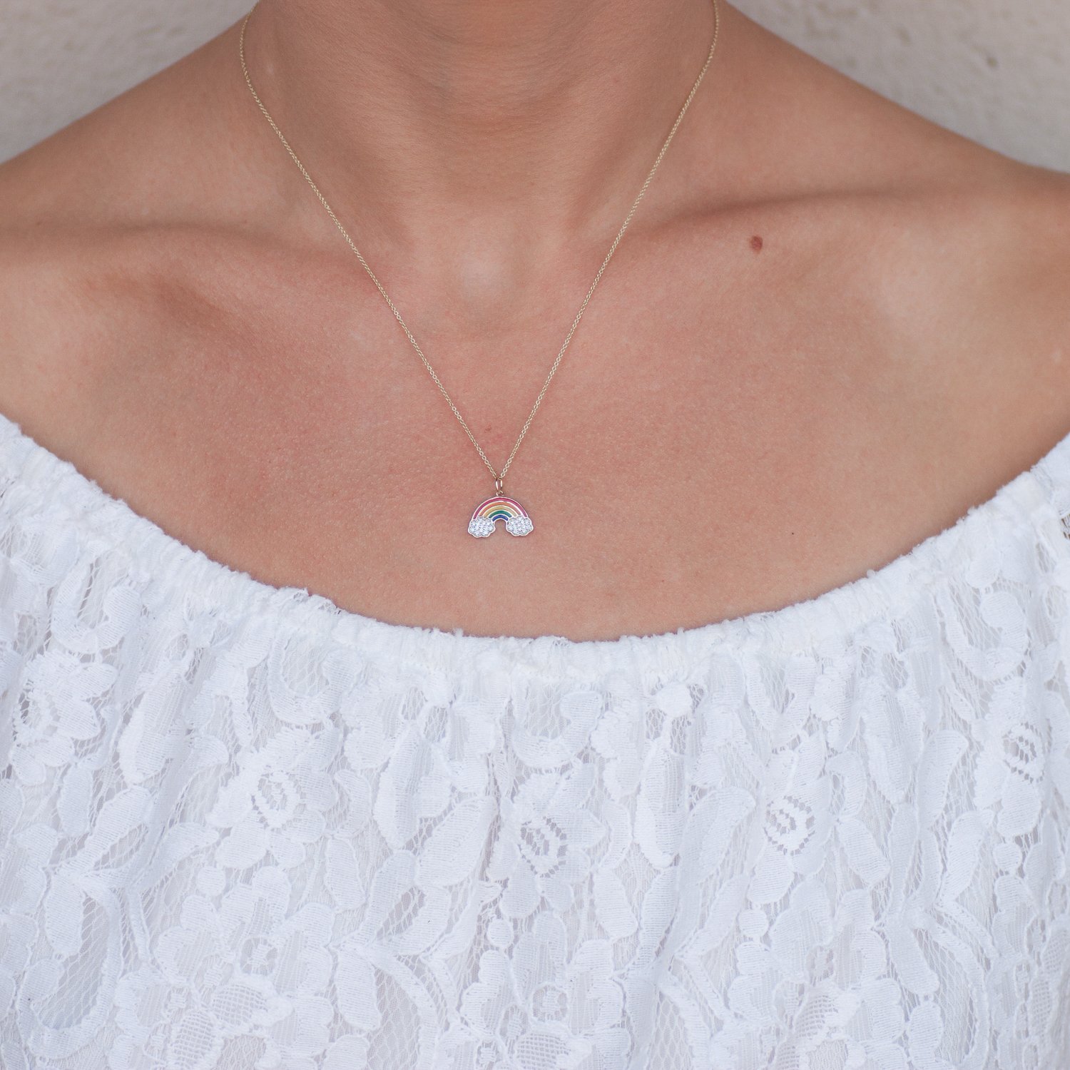 Sydney Evan: 14K large enamel rainbow charm necklace with white diamonds