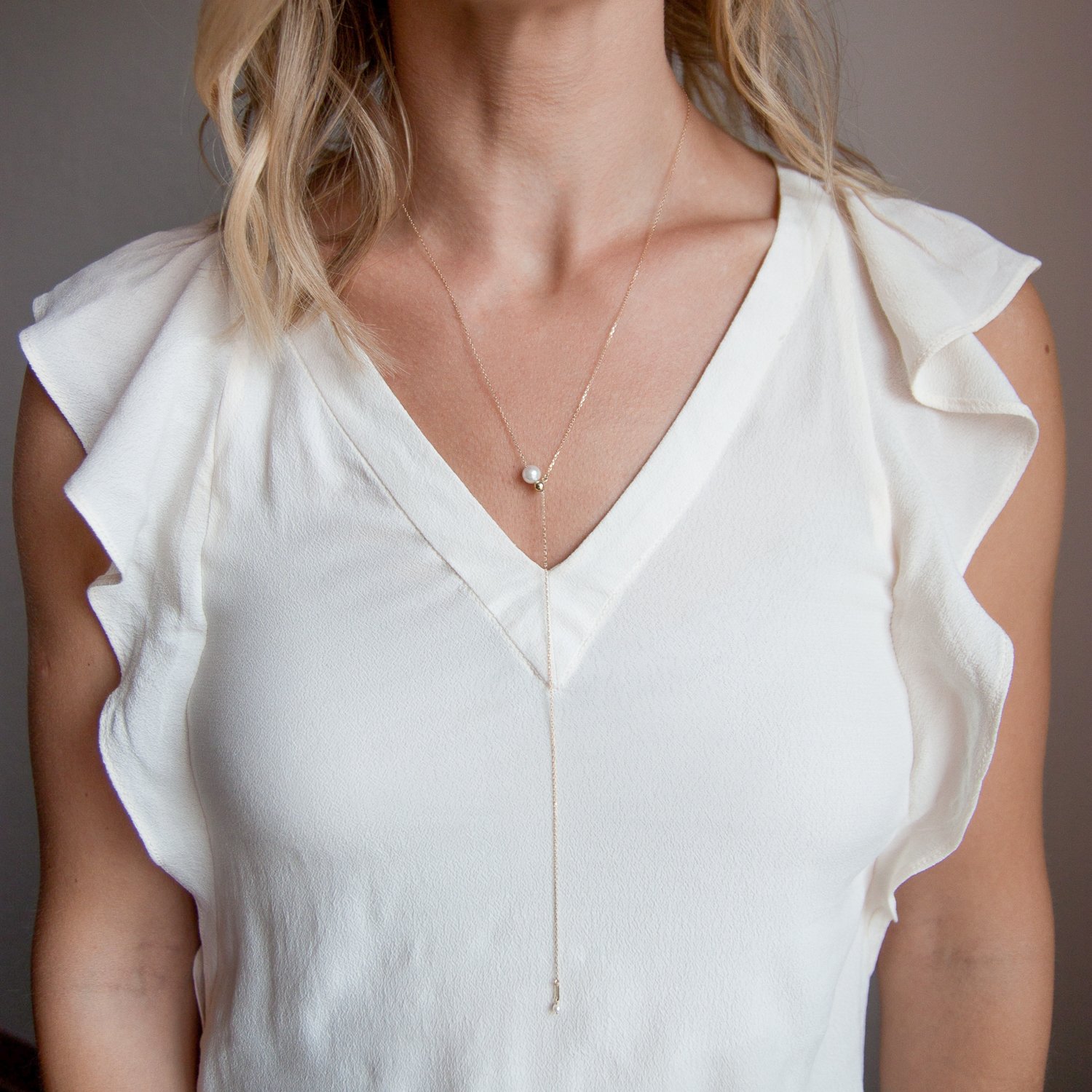 Mizuki: 14K necklace 27" adjustable single akoya pearl slider