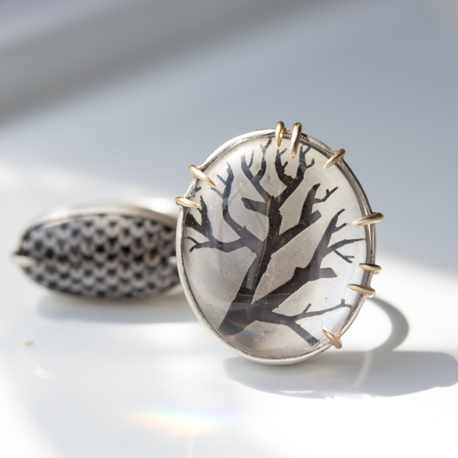 PIERCED QUARTZ BRANCH RING in quartz, sterling silver, 14k yellow gold by jewelry designer Hannah Blount