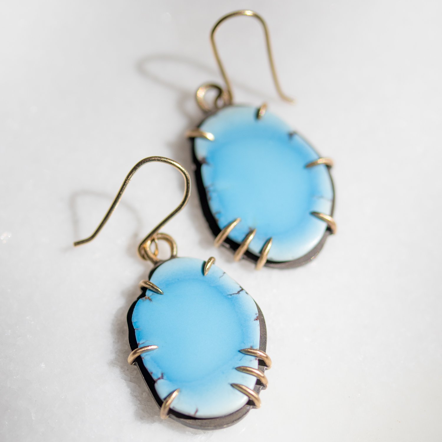 LAVENDER TURQUOISE VANITY EARRINGS in 14k yellow gold and oxidized sterling silver by jewelry designer Hannah Blount