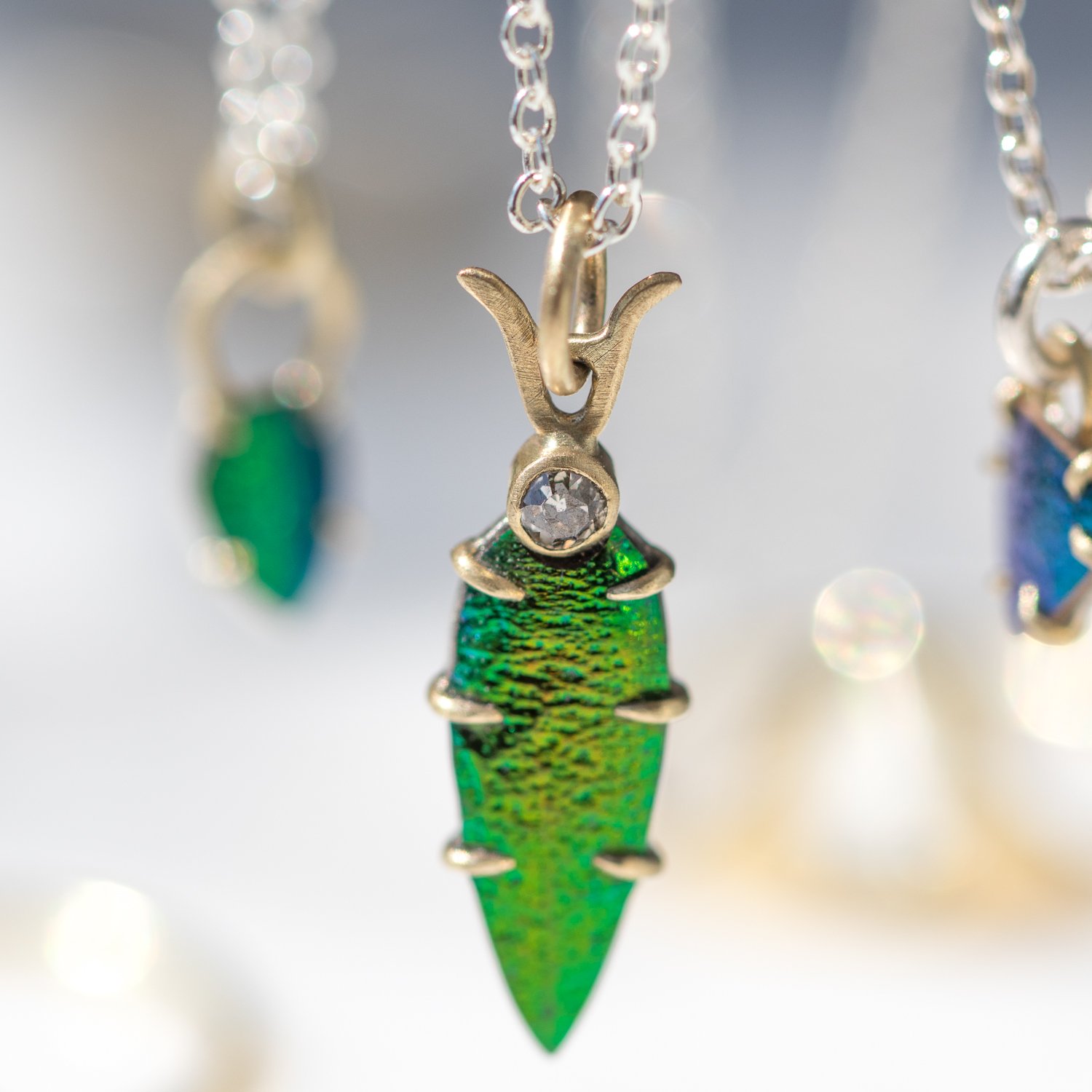 Hannah Blount: Bright sterling silver and 18K gold jewel beetle wing vanity necklace with .06ct old miners cut chocolate diamond
