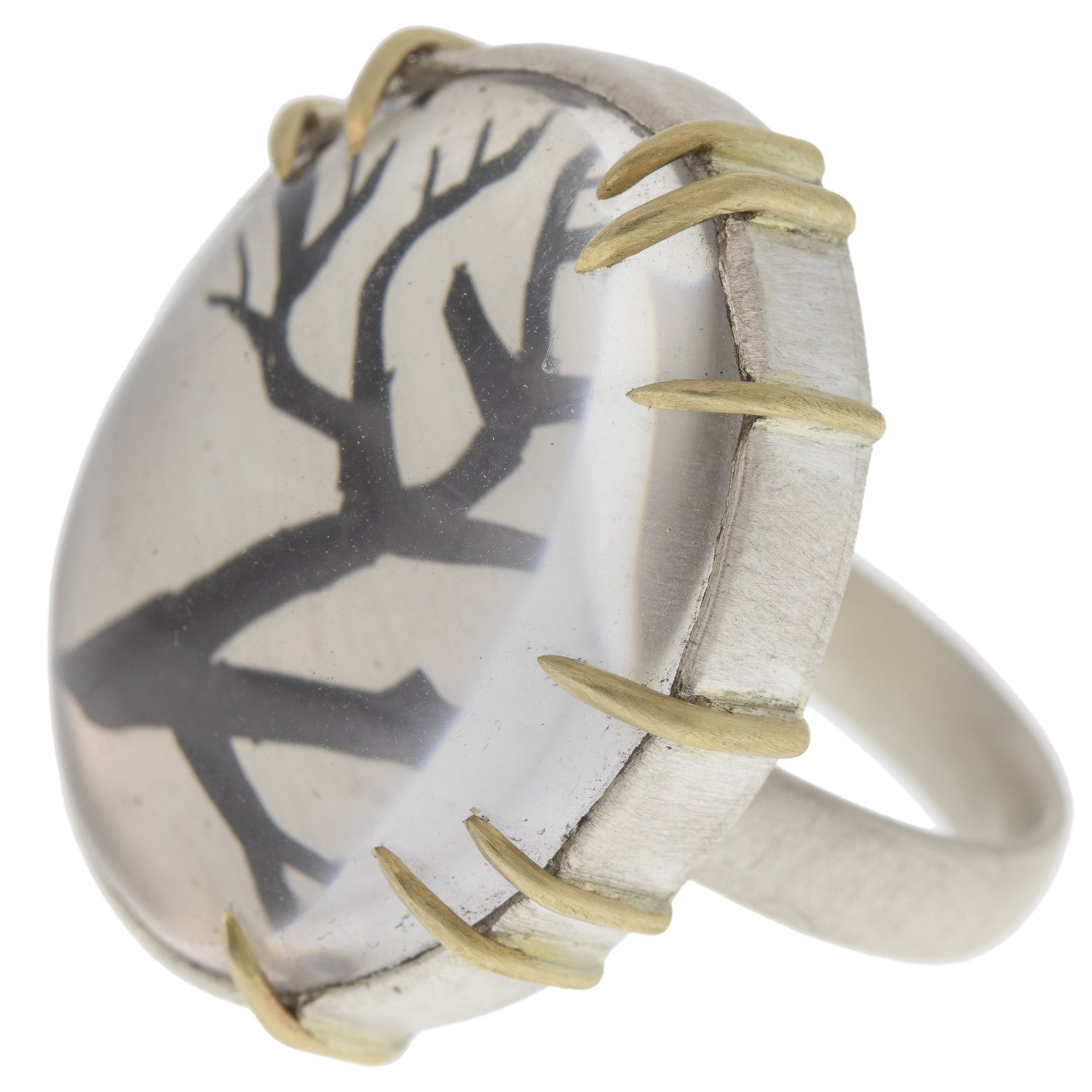 Hannah Blount: Sterling silver and 14K gold branch pierced quartz vanity ring