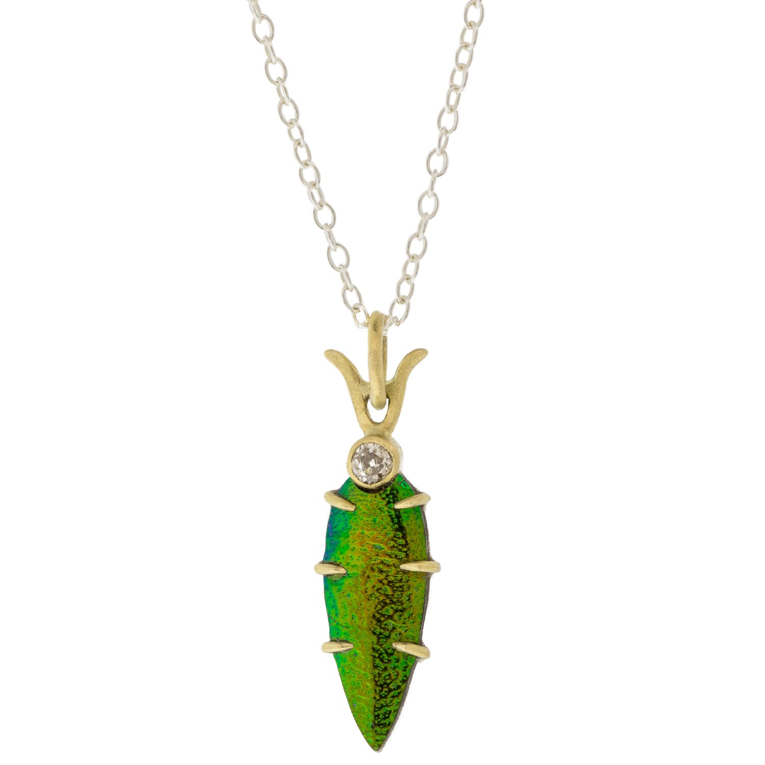 Hannah Blount: Bright sterling silver and 18K gold jewel beetle wing vanity necklace with .06ct old miners cut chocolate diamond