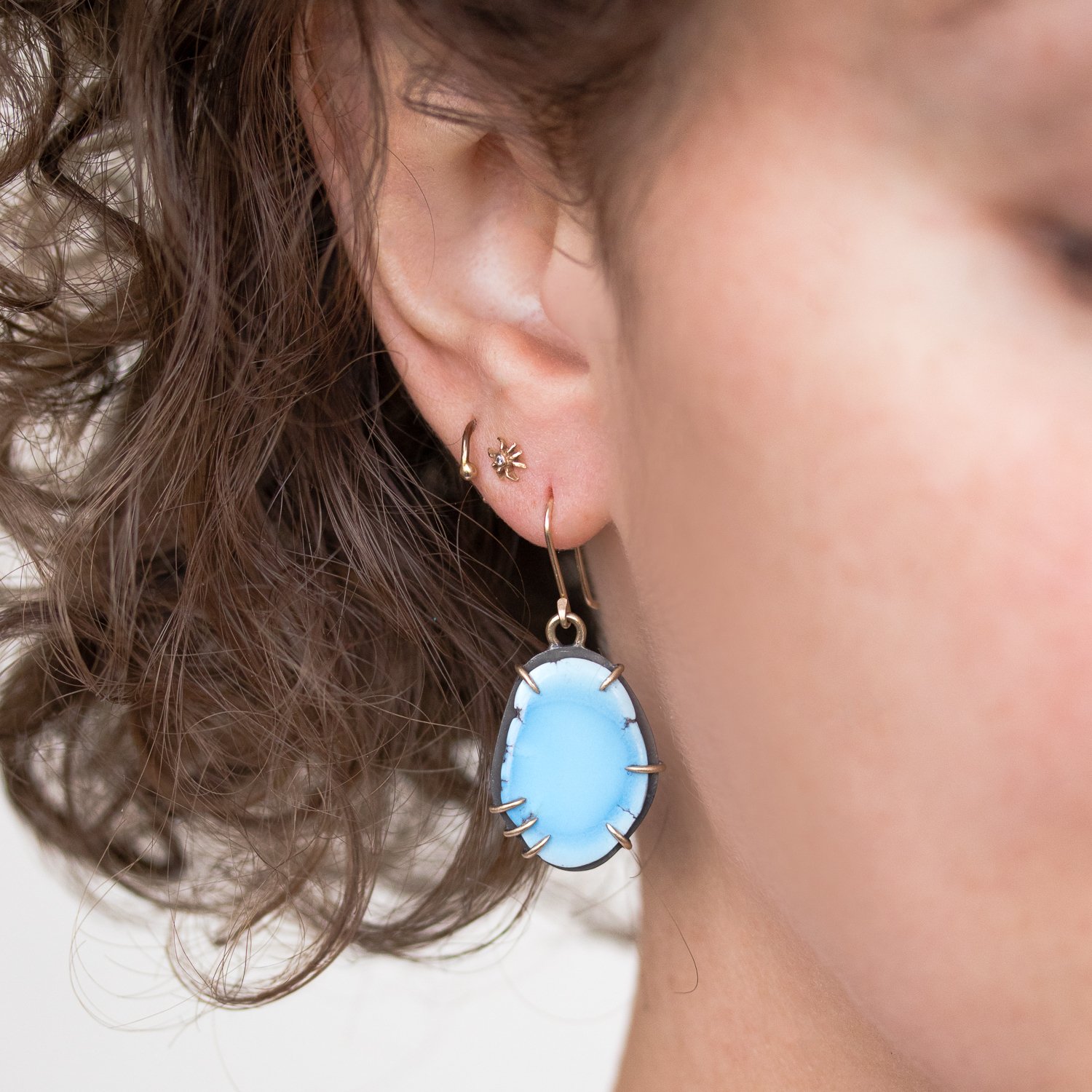 Hannah Blount: Oxidized sterling silver and 14k halo lavendar turquoise vanity earrings (17.15 ct lavendar turquoise)