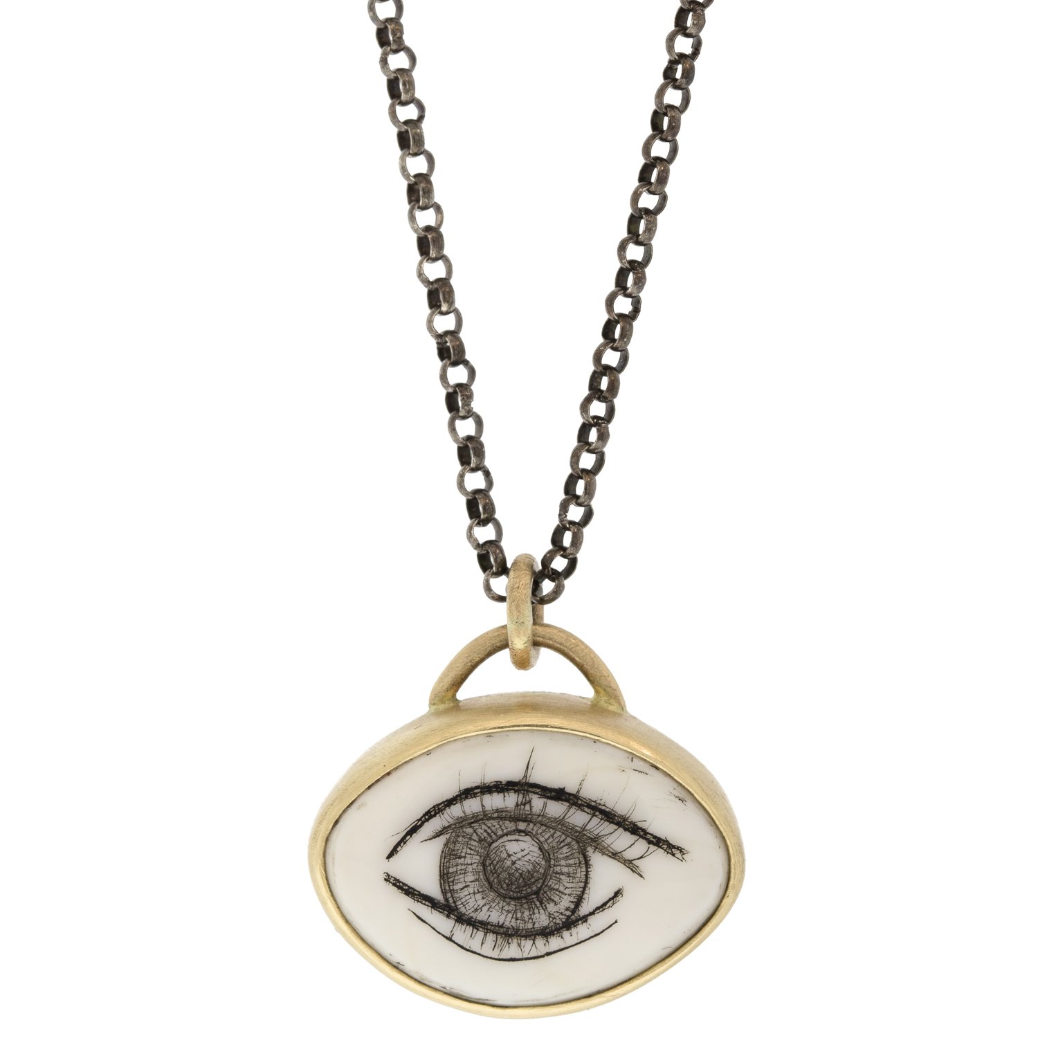 Hannah Blount: Oxidized sterling silver and 14K gold lovers eye quahog shell scimshaw necklace