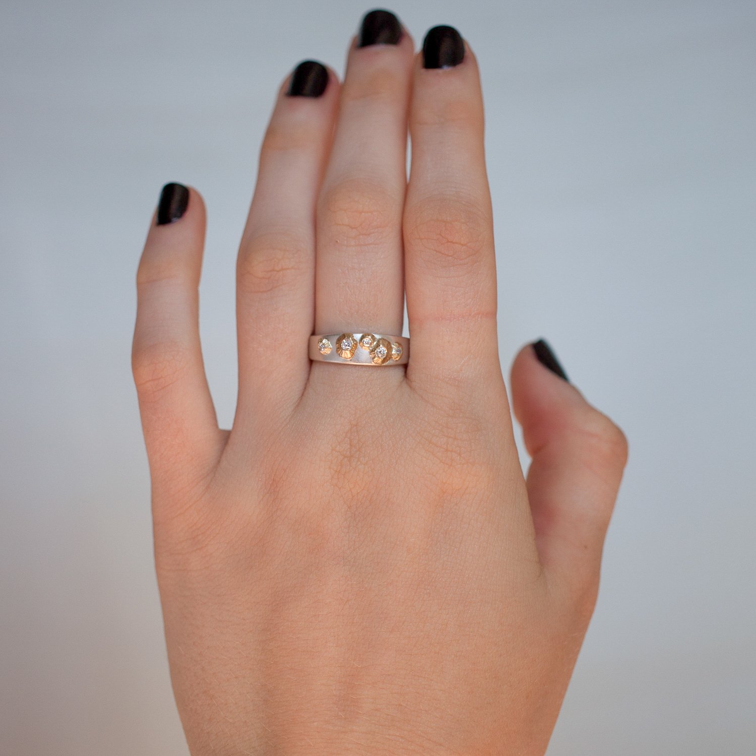Hannah Blount: Bright sterling silver and 14K gold barnacle Ruthie B. band #9 with .10 TCW old miners cut diamonds