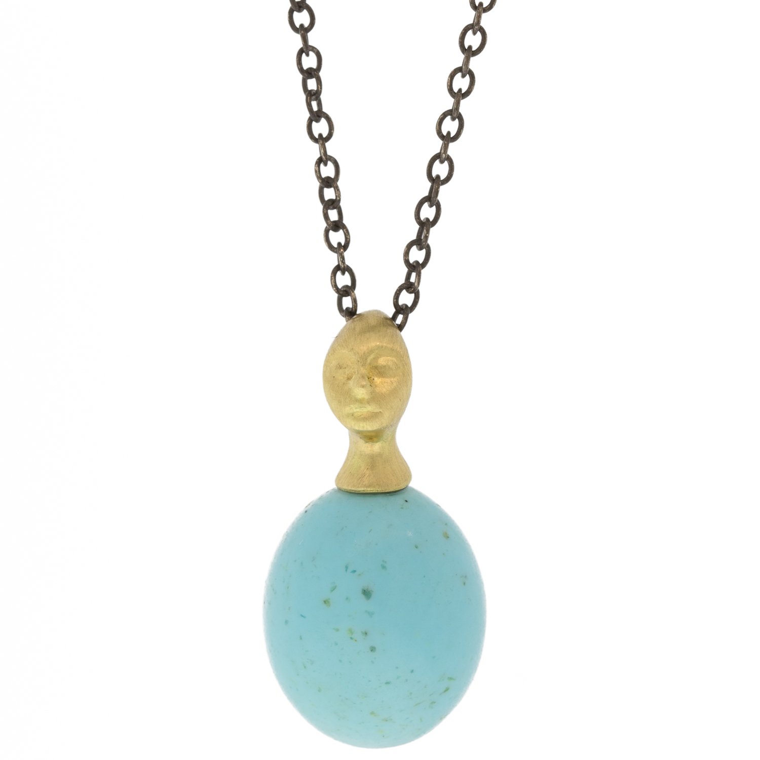 Hannah Blount: Oxidized sterling silver and 18K gold speckled turquoise cameo necklace