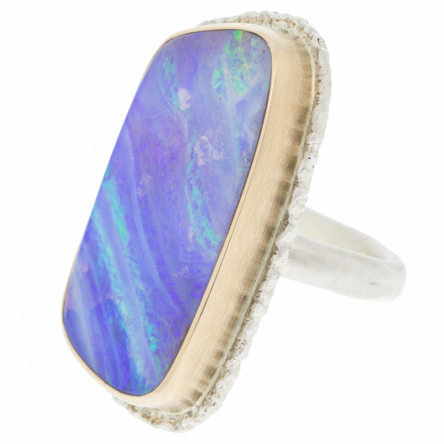 Jamie Joseph: SS & 14K gold ring w/ large vertical asymmetrical boulder opal on lava platform and organic band size 6.5 1 3/16 x 9/16