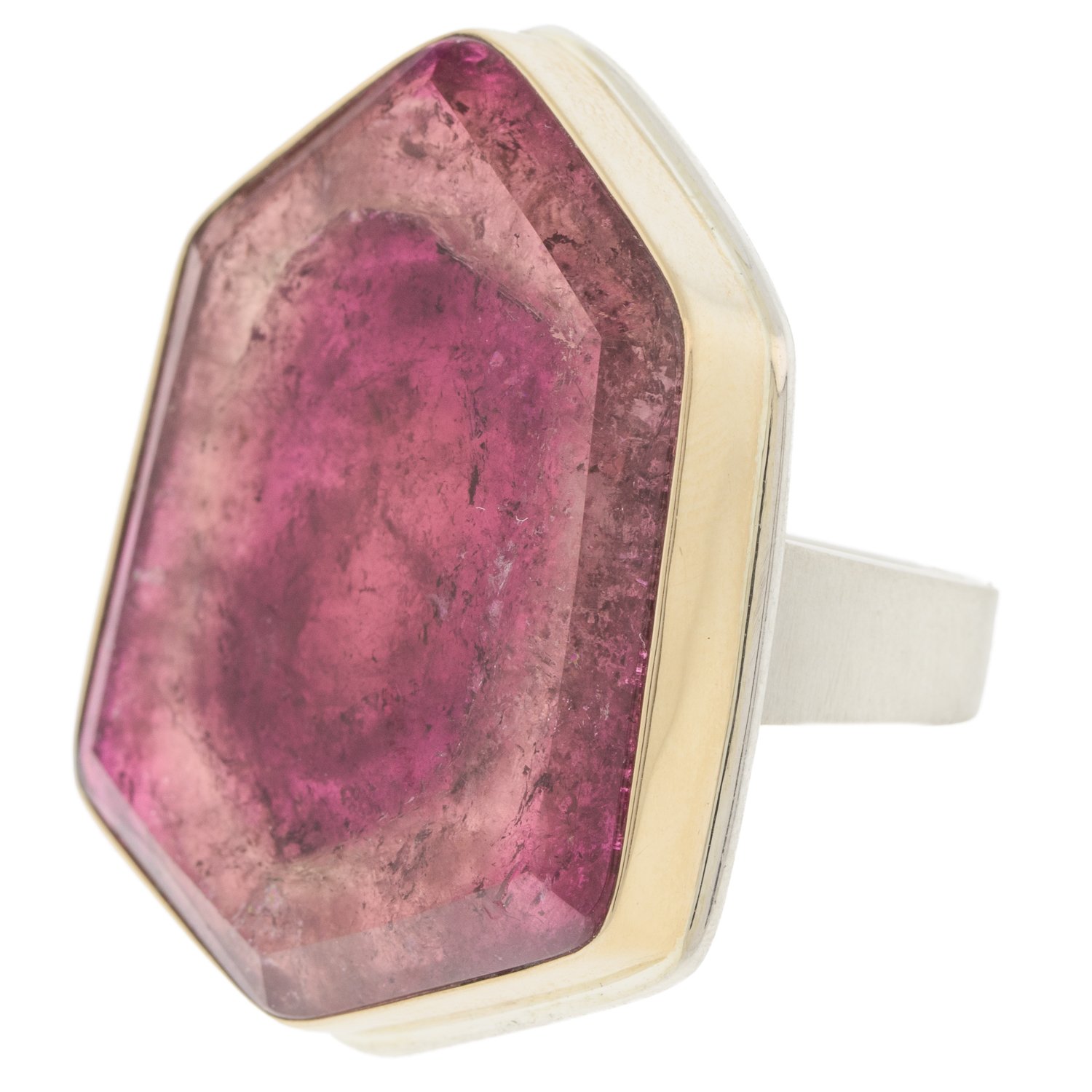 Jamie Joseph: SS & 14k gold ring w/ extra large asymmetrical table up pink tourmaline on tapered Y band size 8.5 1 1/4 x 1