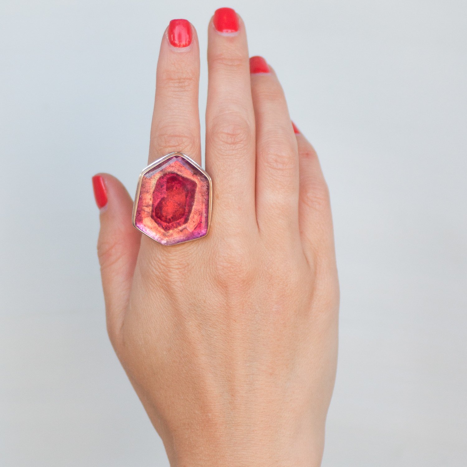 Jamie Joseph: SS & 14k gold ring w/ extra large asymmetrical table up pink tourmaline on tapered Y band size 8.5 1 1/4 x 1