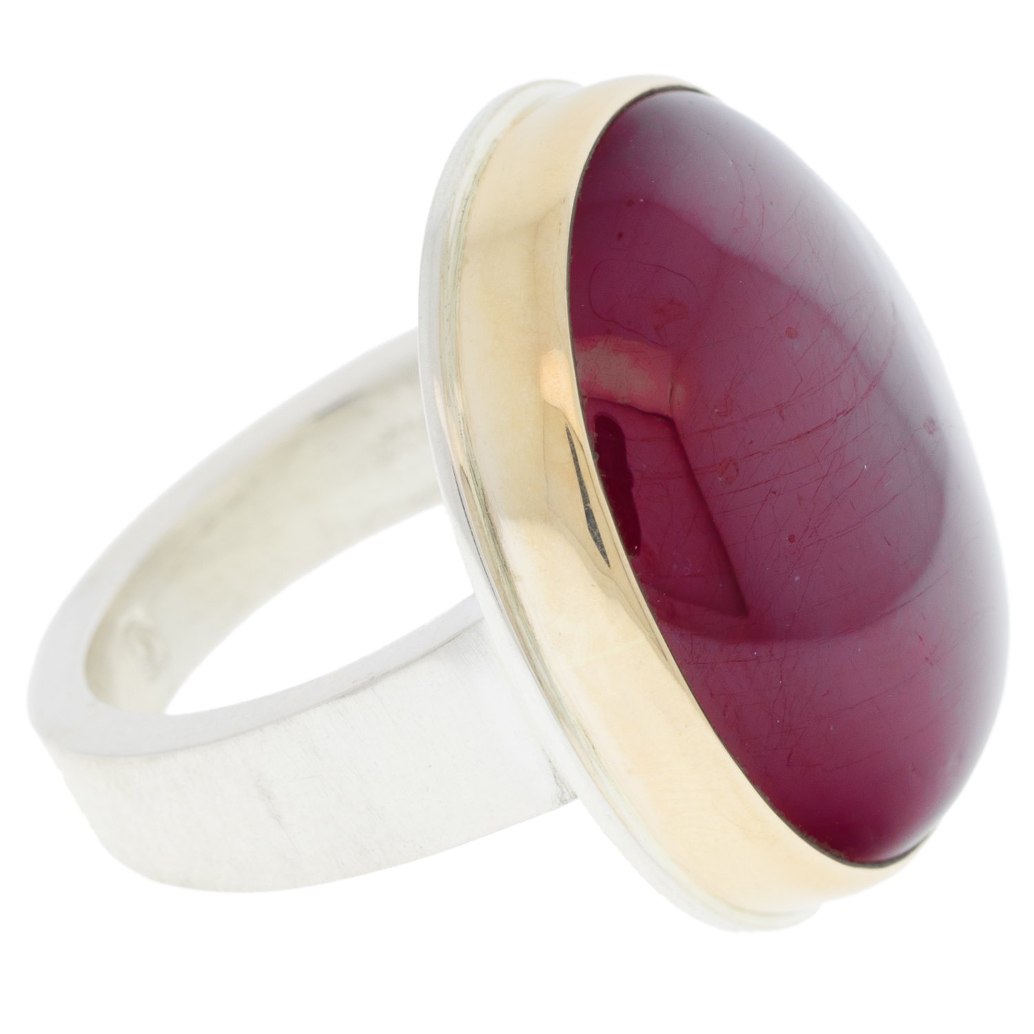 Jamie Joseph: SS & 14k gold ring w/ vertical oval smooth african ruby on tapered Y band size 7.75 7/8 x 3/4