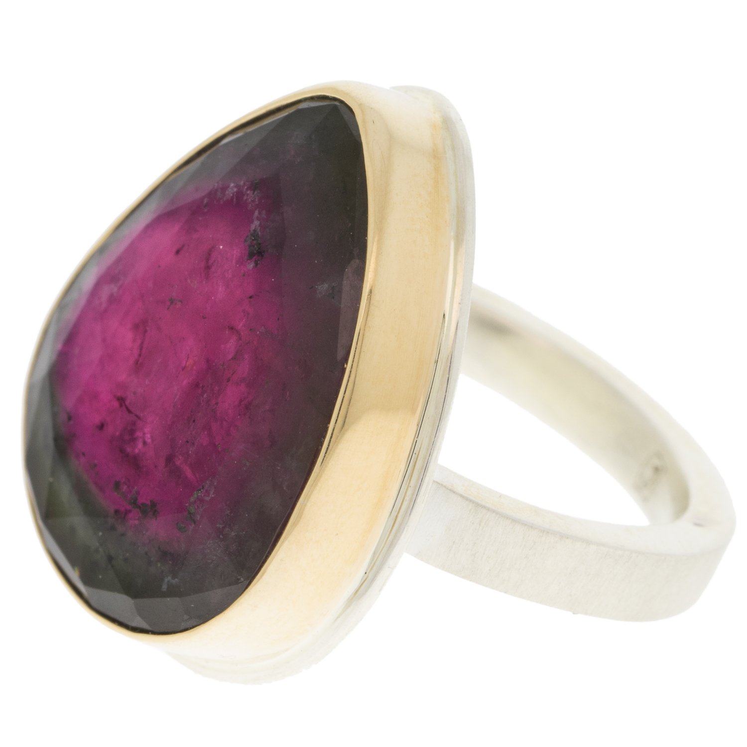 Jamie Joseph: SS & 14k gold ring w/ vertical asymmetrical rose cut watermelon tourmaline on x band size 7.5 7/8 x 3/4