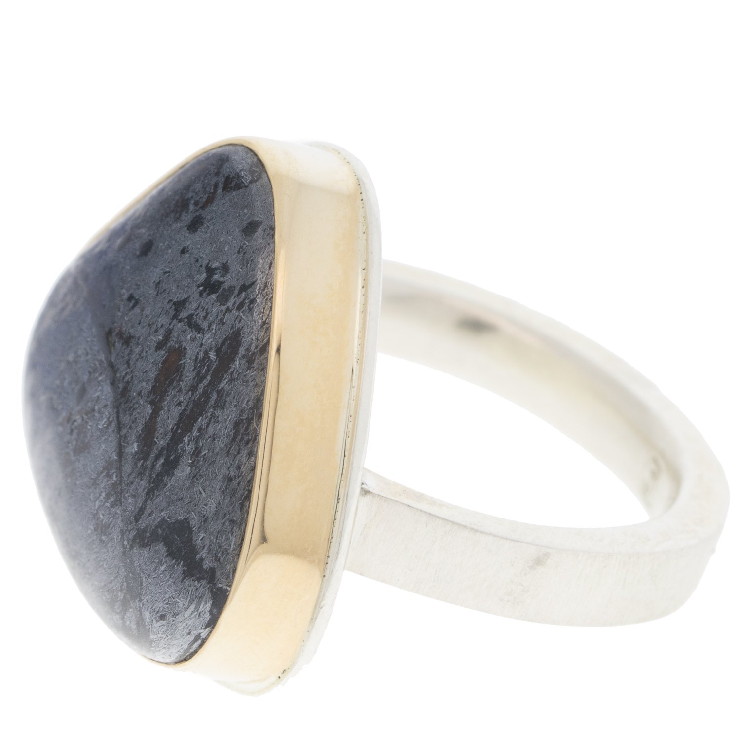 Jamie Joseph: SS and 14K gold ring with vertical triangular hematite on X band size 7.5 3/4x7/8