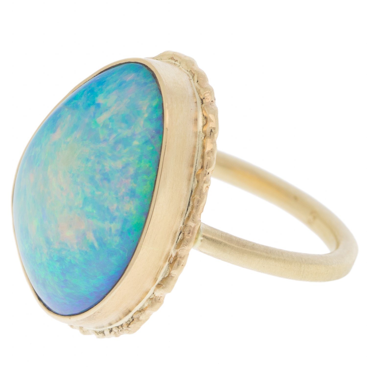 Jamie Joseph: 14K gold ring w/ vertical asymmetrical crystal opal on ruffled platform size 7.75 3/4 x 9/16