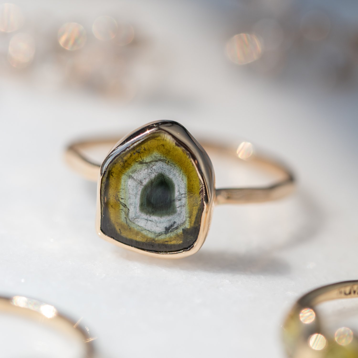 Melissa Joy Manning: 14K yellow gold watermelon tourmaline ring