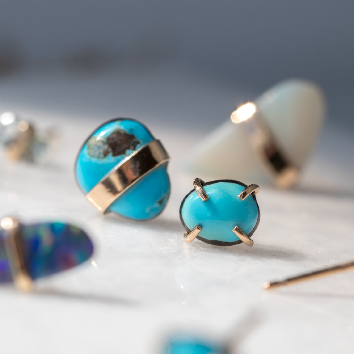 Melissa Joy Manning: Limited edition 14 karat yellow gold turquoise post mismatched earring