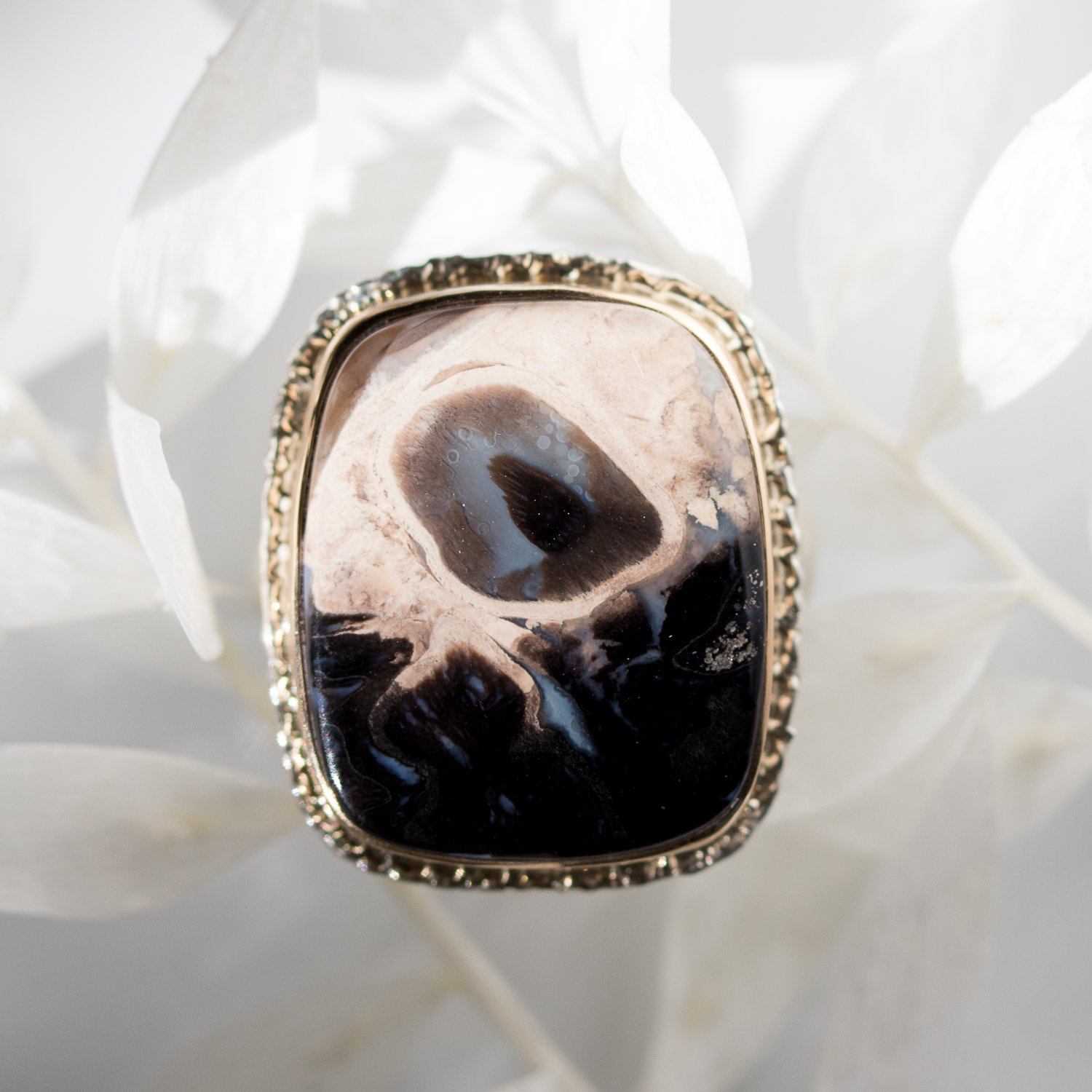 Jamie Joseph: SS and 14K gold ring with vertical rectangular fossilized palm wood on lava platform and comfort band size 8 13/16x11/16