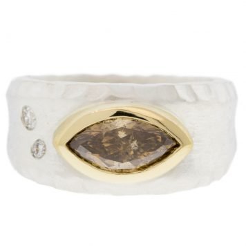 Alison Shiboski: Ring, Dilly, Platinet, Cognac diamond 1.14ct, 2 White diamonds .08 TCW, 18K gold bezel.
