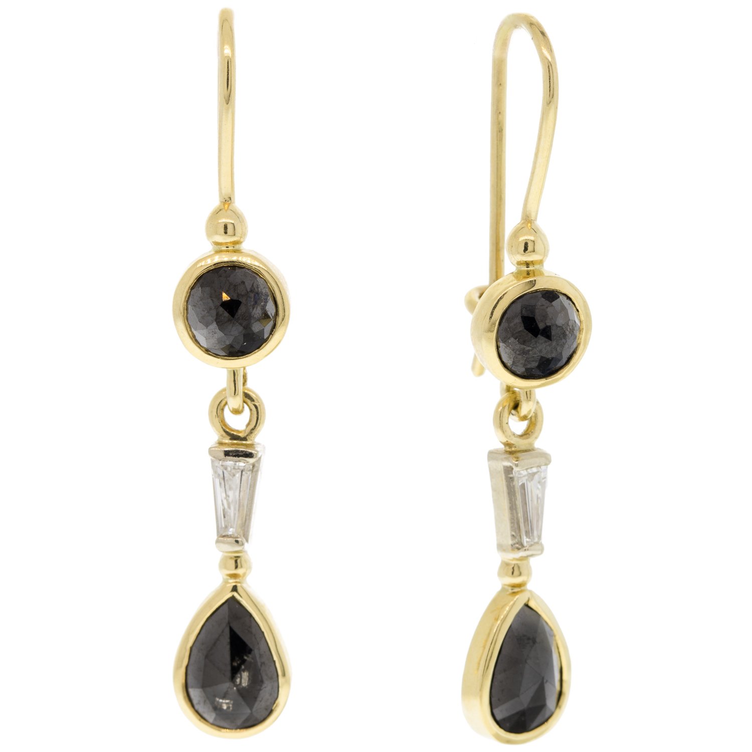 Alison Shiboski: 18K and 14K yelow gold dangle earring with 2.88TCW black diamonds and .24TCW white baguette diamonds