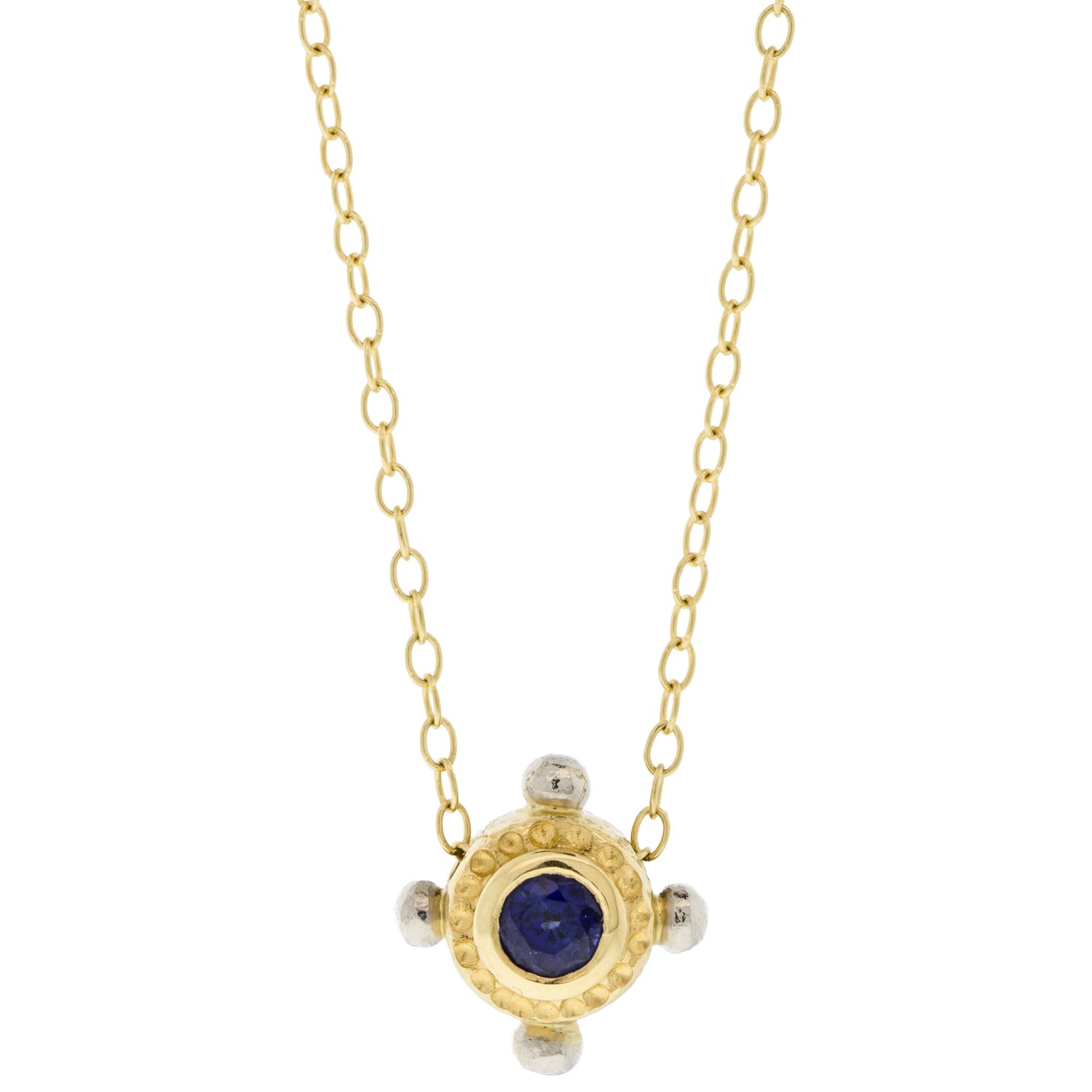 Alison Shiboski: 18K gold, platinum double sided porthole necklace with .41 blue sapphire and .18ct diamond