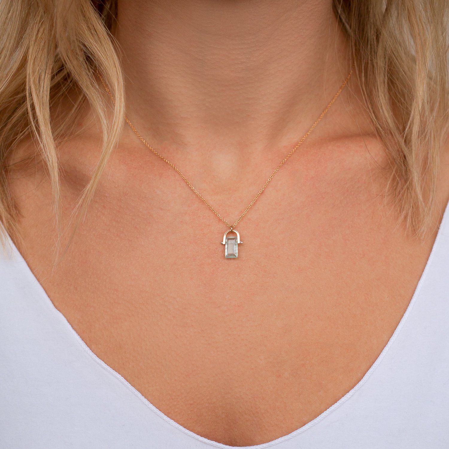 Lulu: Mira Necklace in 14k gold fill w/ small rectangular aquamarine