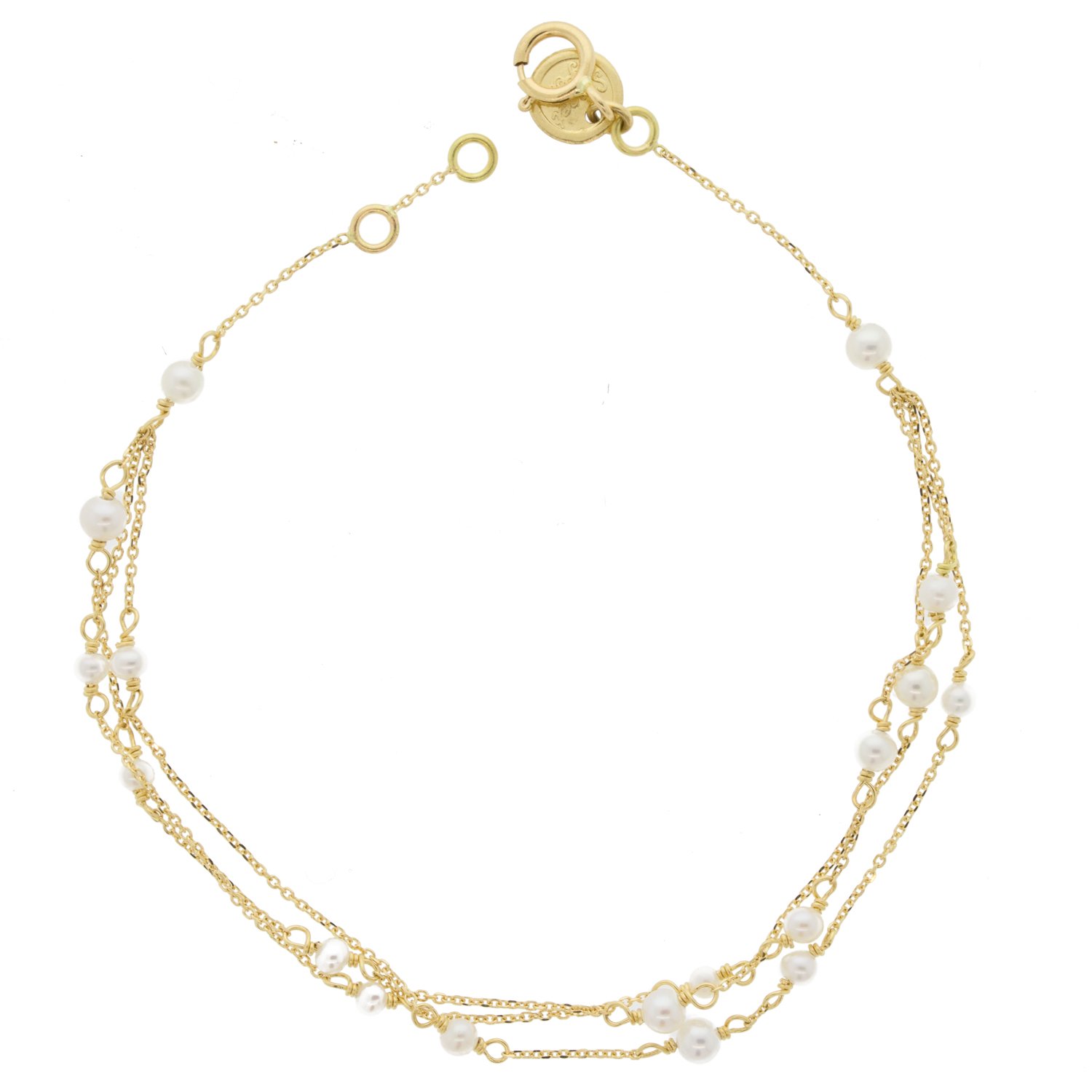Sweet Pea: Bracelet, Flapper Girl, Triple Chain, Pearl, 18K Yellow Gold