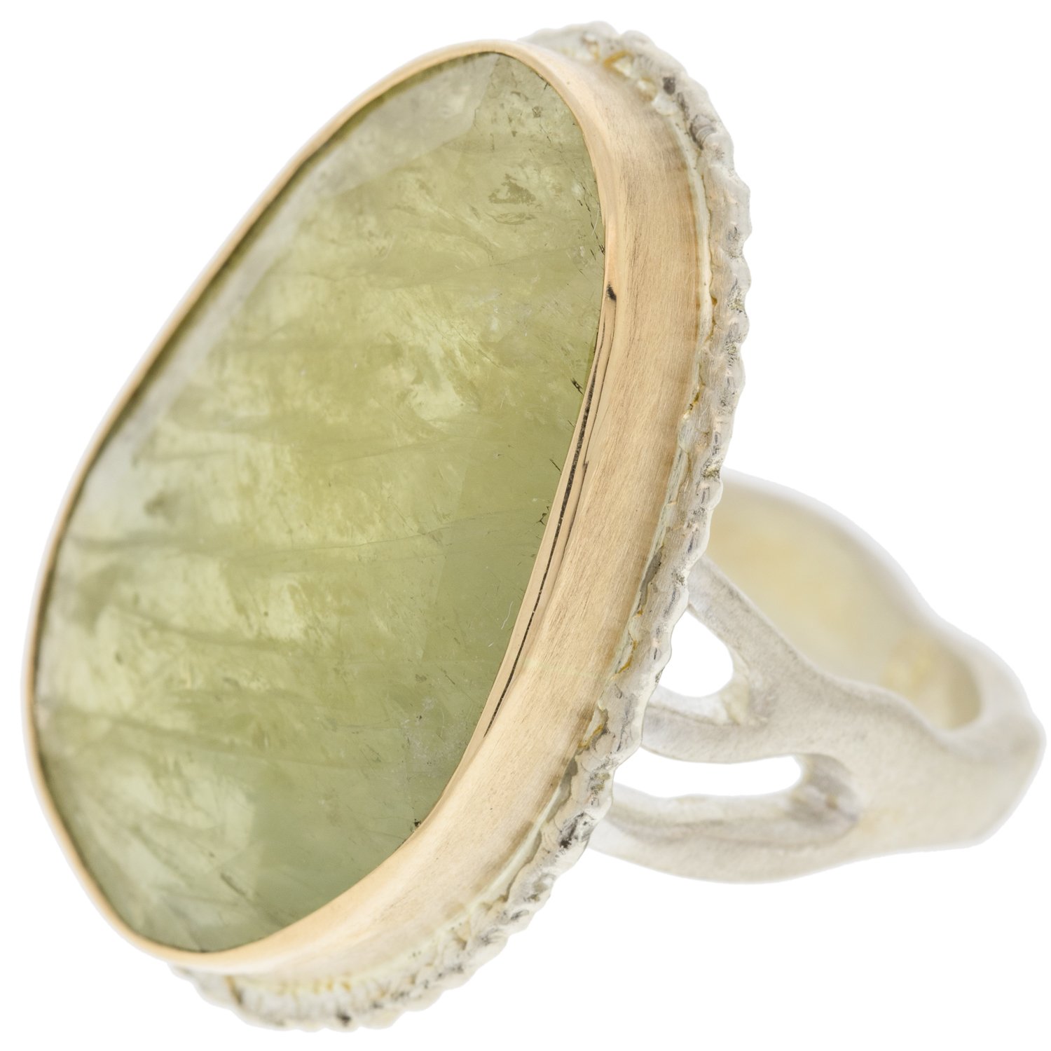 Jamie Joseph: SS and 14K gold ring with vertical asymmetrical faceted green sapphire on lava platform and madrona band size 8 1x11/16