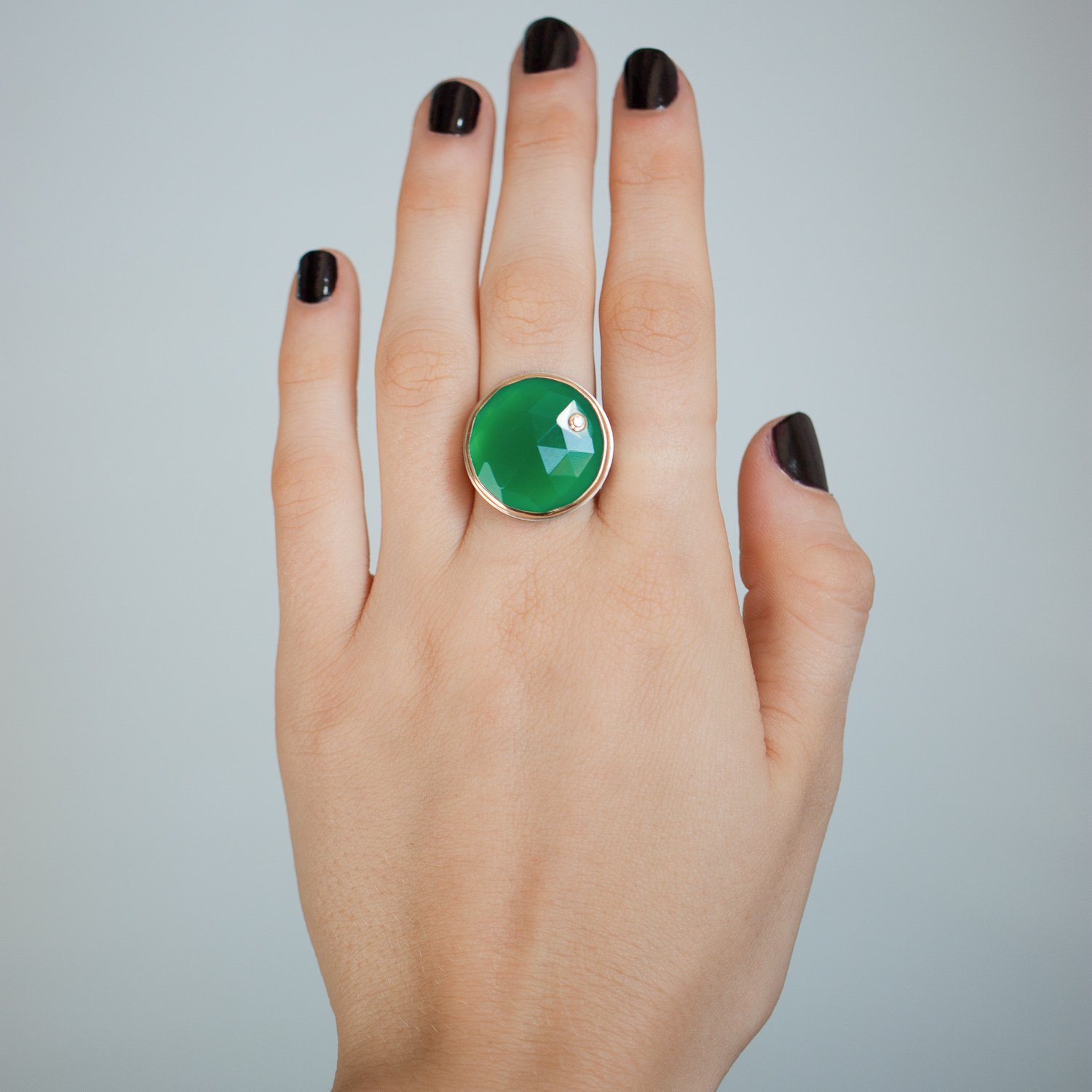 Jamie Joseph: Sterling and 14K gold ring w/ round rose cut green onyx and .03 ct diamond on comfort fit band