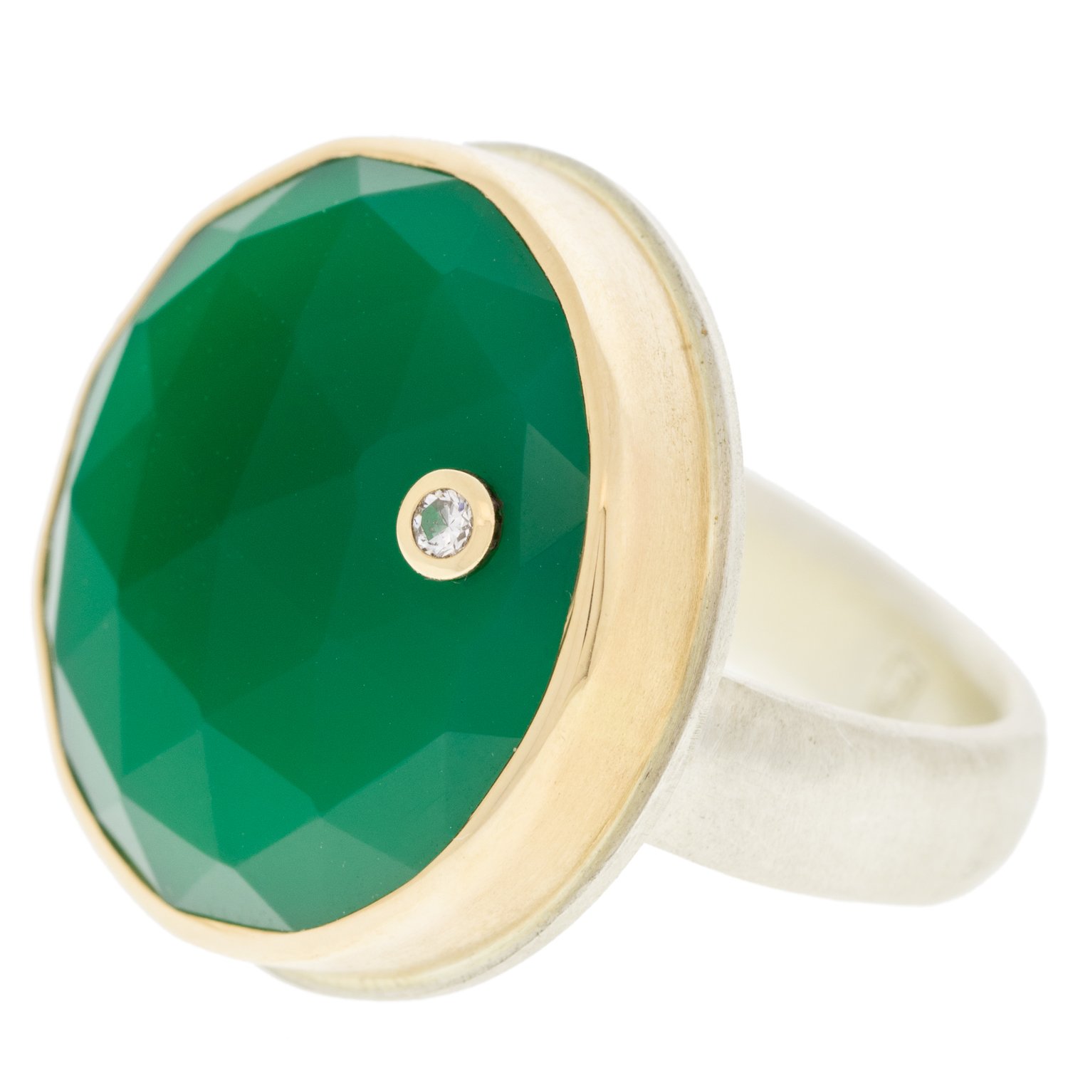Jamie Joseph: Sterling and 14K gold ring w/ round rose cut green onyx and .03 ct diamond on comfort fit band