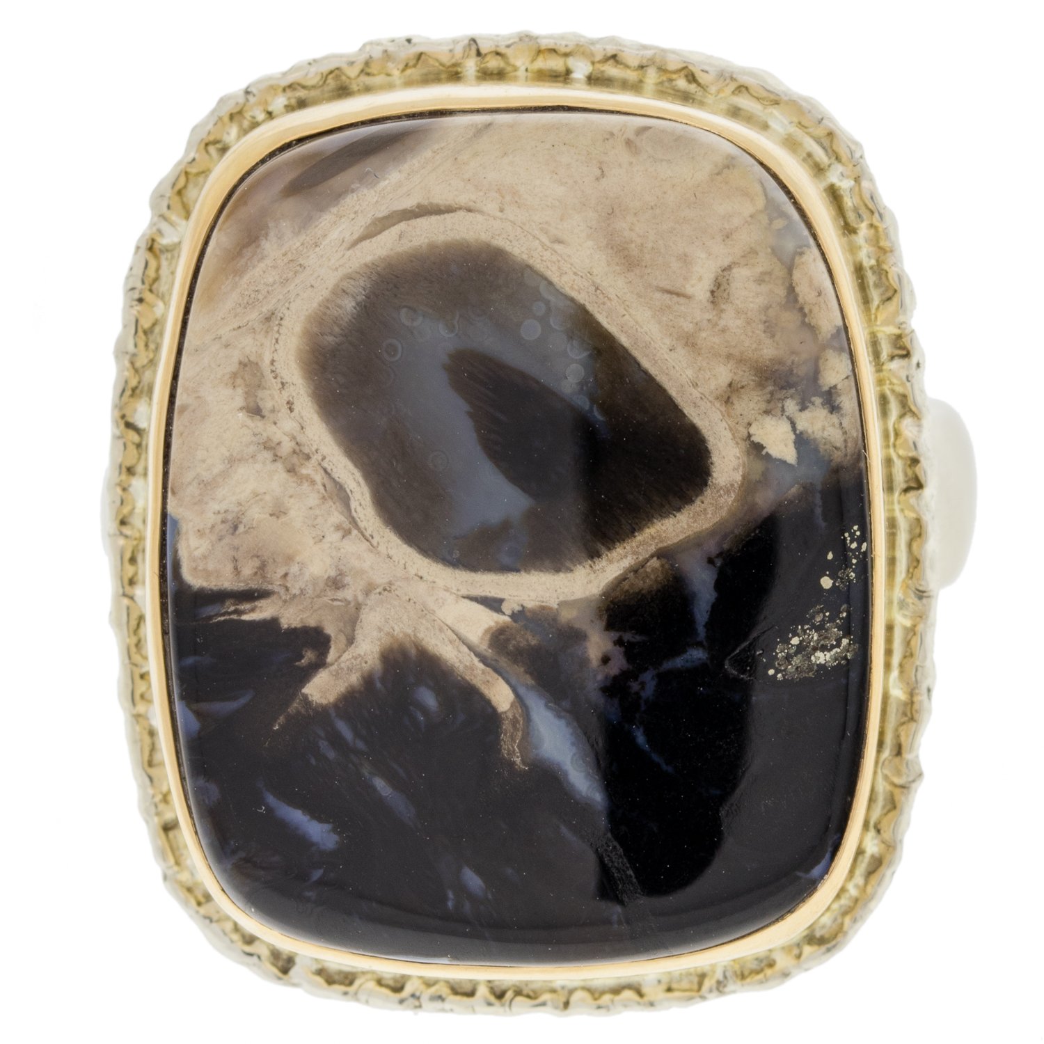 gold and silver ring with fossilized wood by jewelry designer jamie joseph