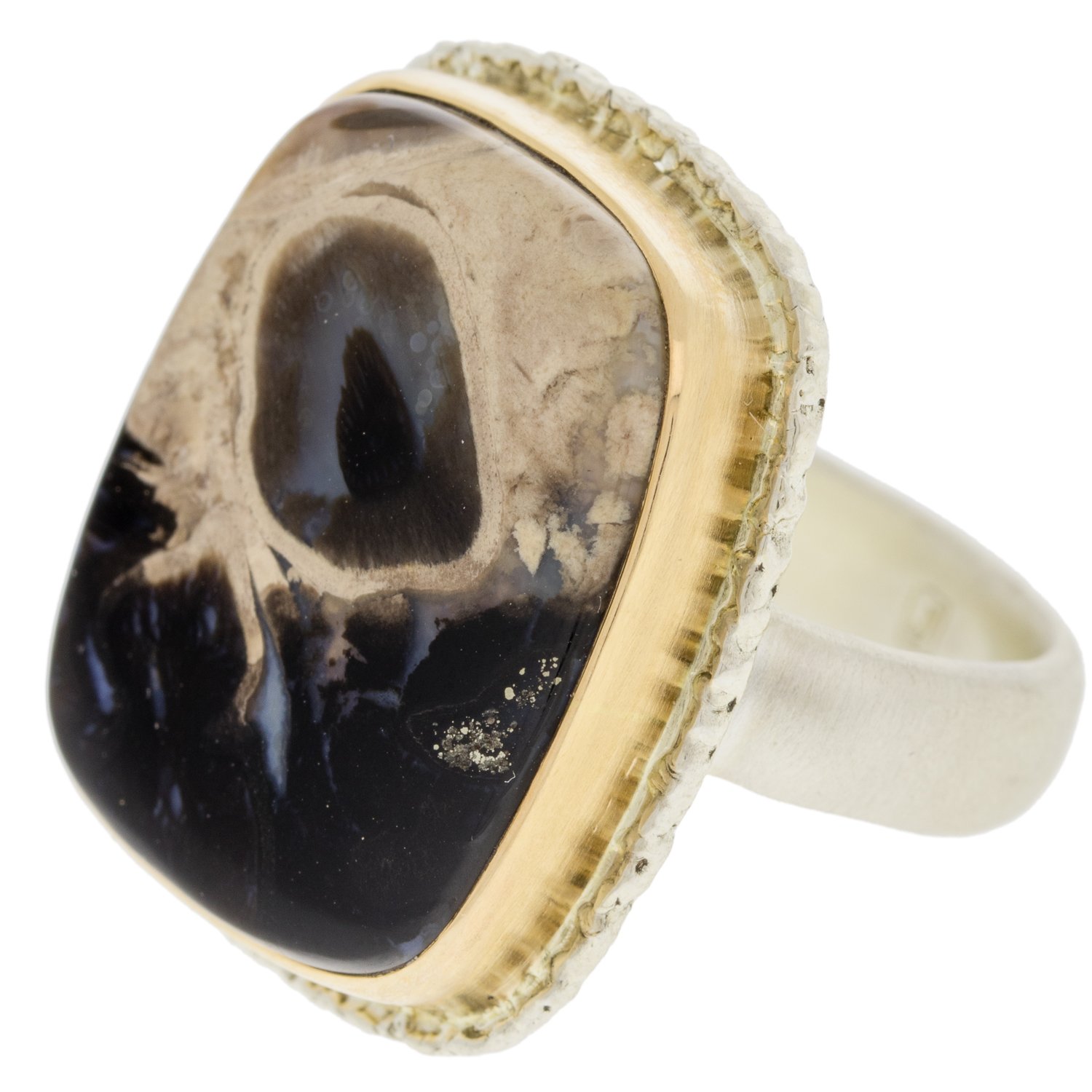 Jamie Joseph: SS and 14K gold ring with vertical rectangular fossilized palm wood on lava platform and comfort band size 8 13/16x11/16