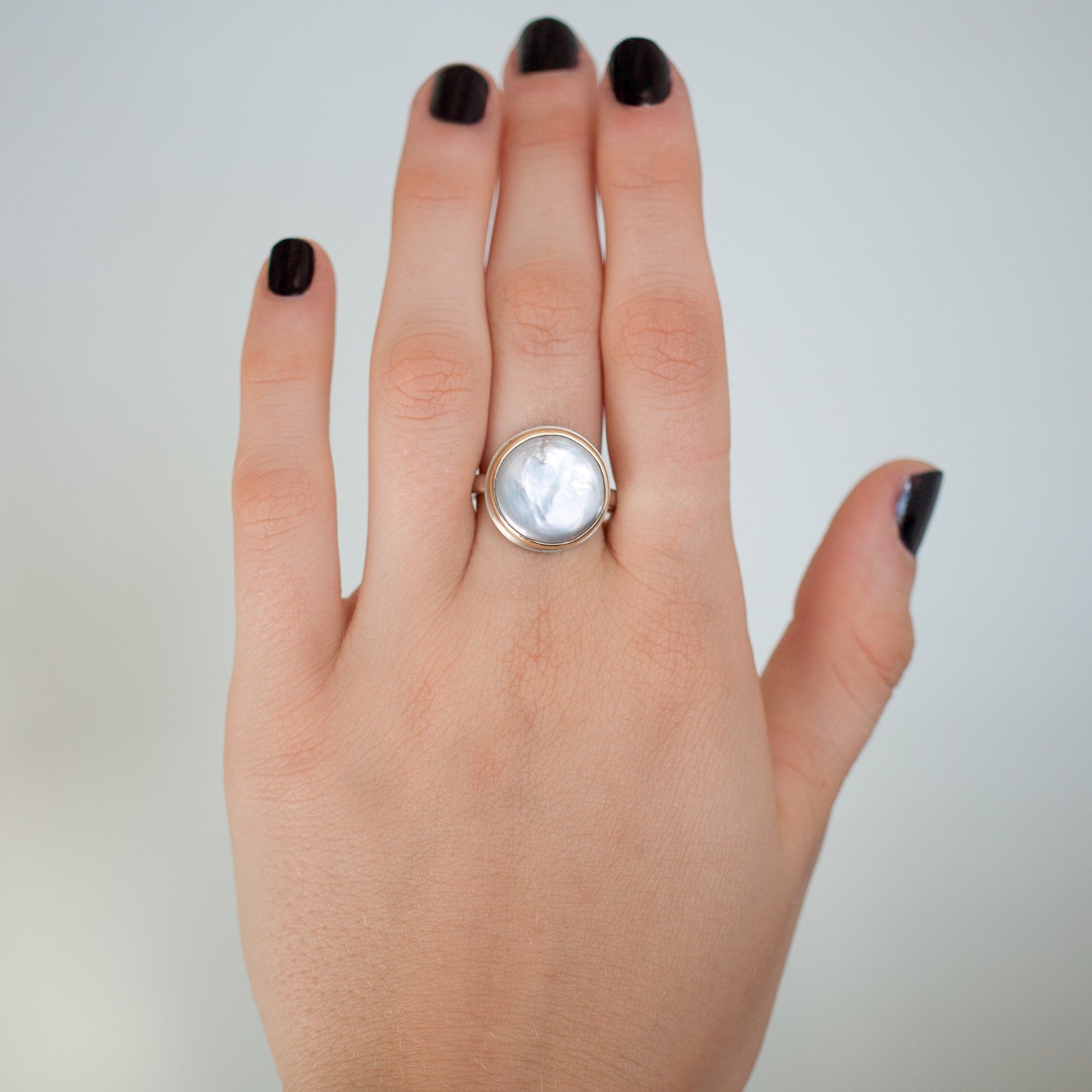 Jamie Joseph: SS & 14K gold ring w/ round grey cultured pearl on egyptian band size 7 9/16 diameter