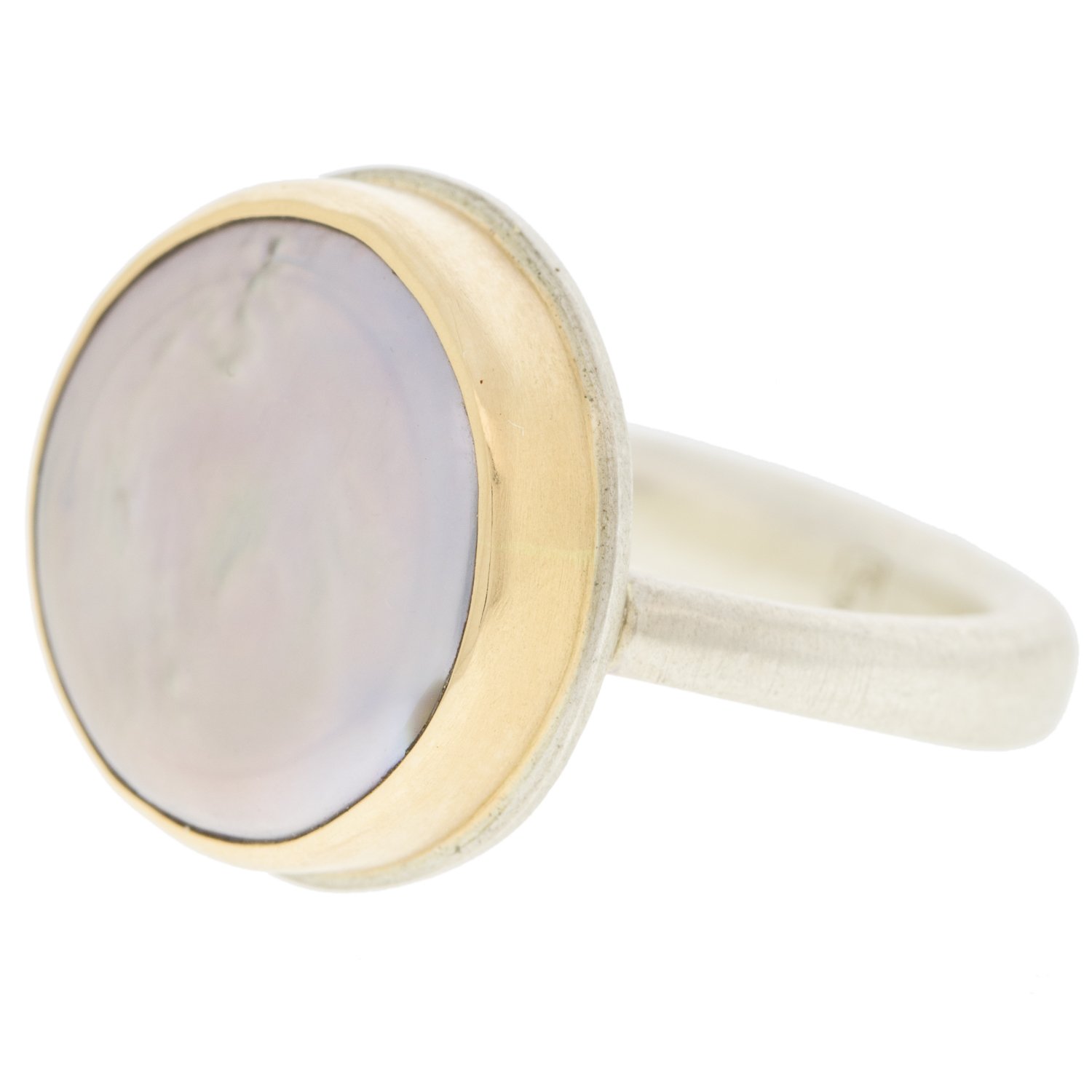 Jamie Joseph: SS & 14K gold ring w/ round grey cultured pearl on egyptian band size 7 9/16 diameter