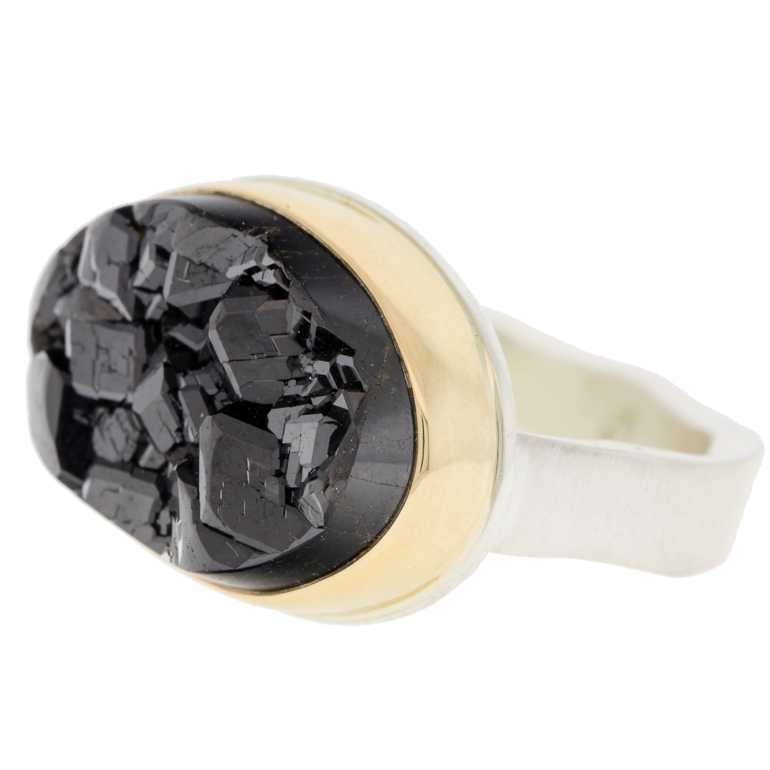 Jamie Joseph: SS and 14K gold ring with oval andradite on live edge band size 7.75 9/16x3/4