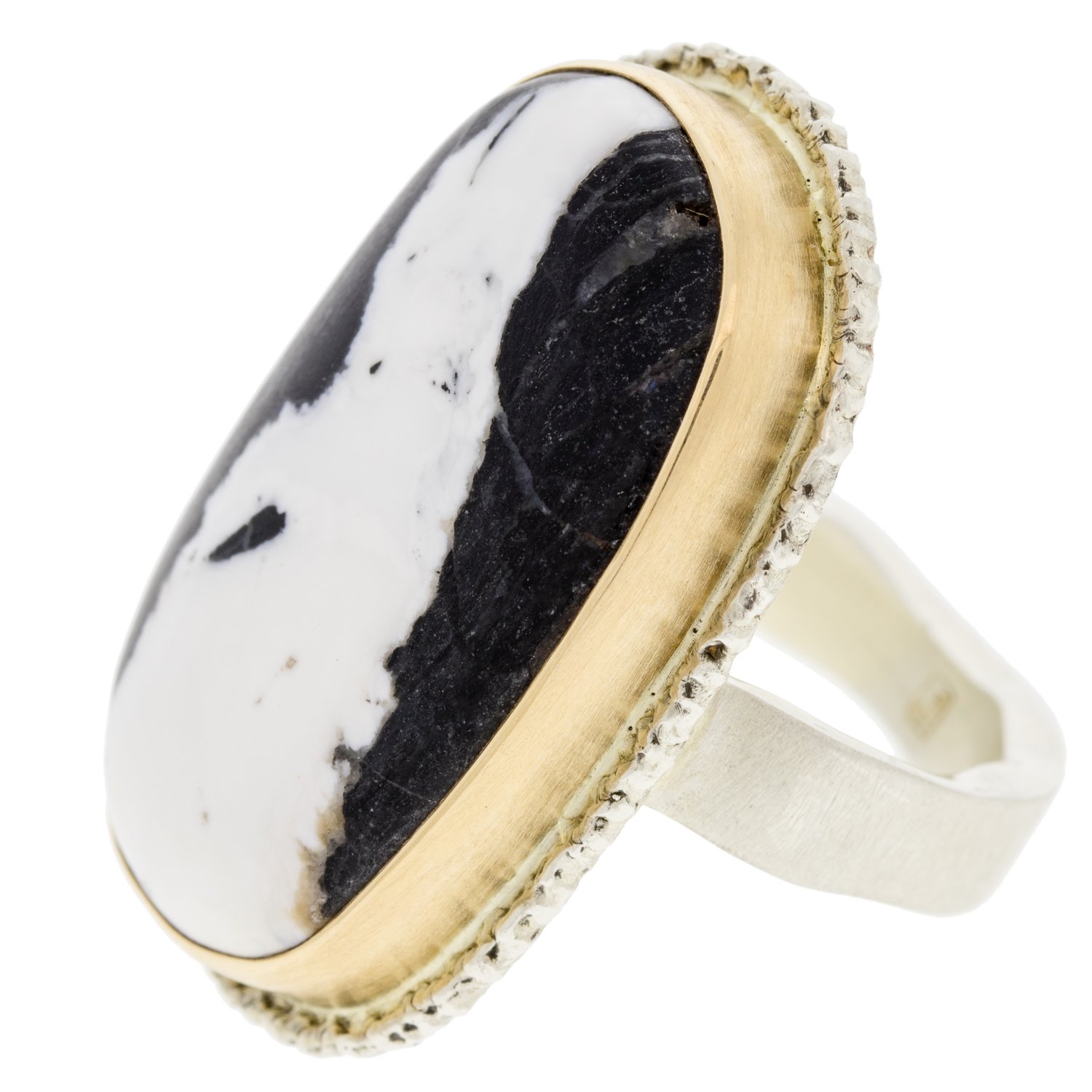 Jamie Joseph: SS and 14k Gold Ring w/ oval white buffalo turquoise on lava platform/ live edge band
