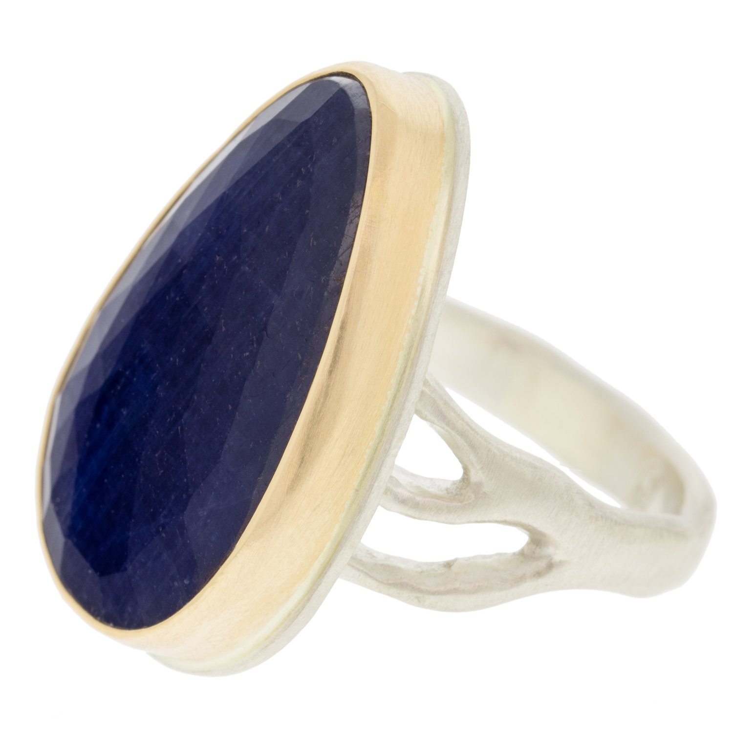 Jamie Joseph: SS & 14k gold ring w/ vertical teardrop rose cut blue sapphire on madrona and size 8 1 x 5/8