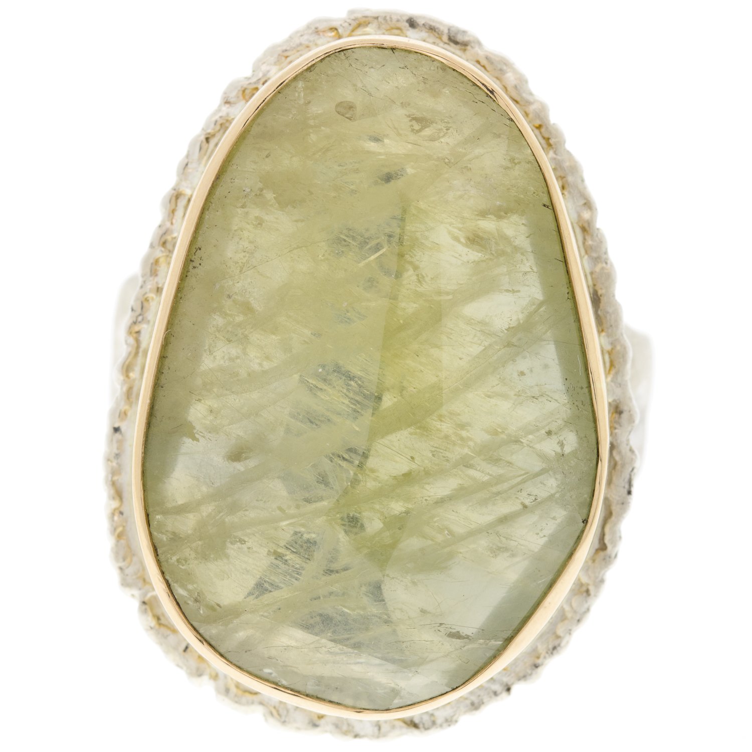 Jamie Joseph: SS and 14K gold ring with vertical asymmetrical faceted green sapphire on lava platform and madrona band size 8 1x11/16