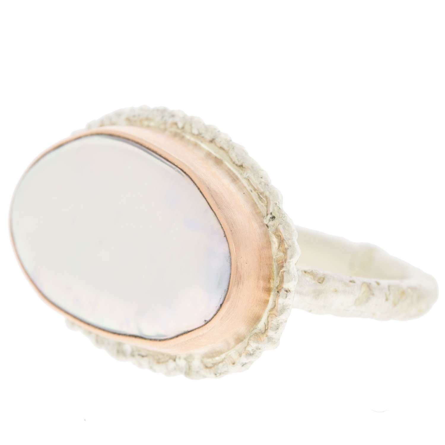 Jamie Joseph: SS & 14K gold ring w/ asymmetrical pearl on lava platform and textured band size 7 7/16 x 3/4