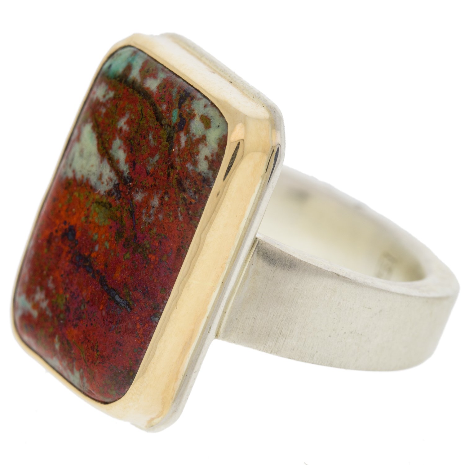 Jamie Joseph: SS & 14k gold ring w/ vertical rectangular cuprite on tapered Y band size 6.75 3/4 x 9/16
