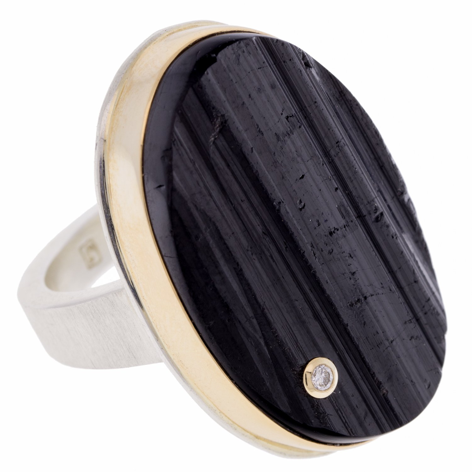 Jamie Joseph: sterling and 14K gold ring w vertical oval surface black tourmaline and .03 ct diamond on tapered Y band