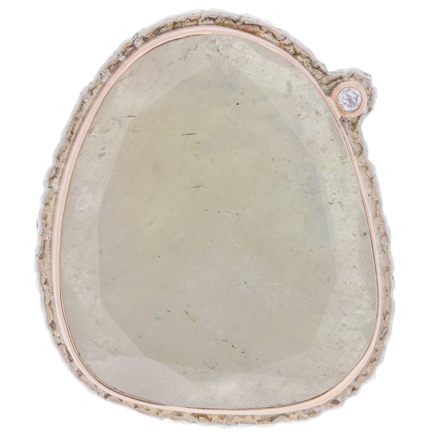 Jamie Joseph: SS and 14K rose gold ring with large vertical asymmetrical table cut linen sapphire and .03ct satellite diamond on lava platform and tapered Y band size 7.5 1 1/16x7/8