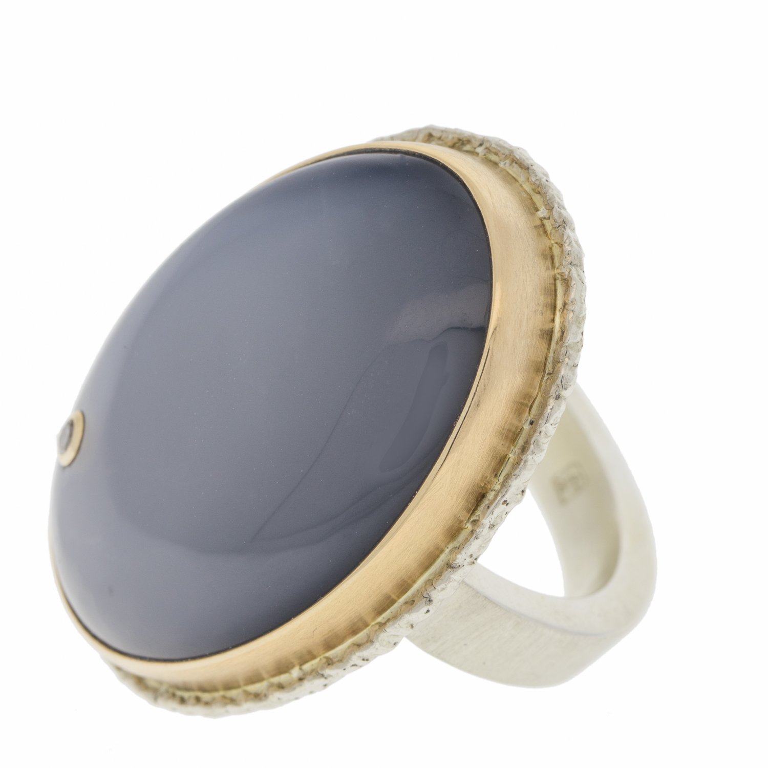 Jamie Joseph: SS and 14k Gold Ring w/ oval grey moonstone and .03 diamond on Y band