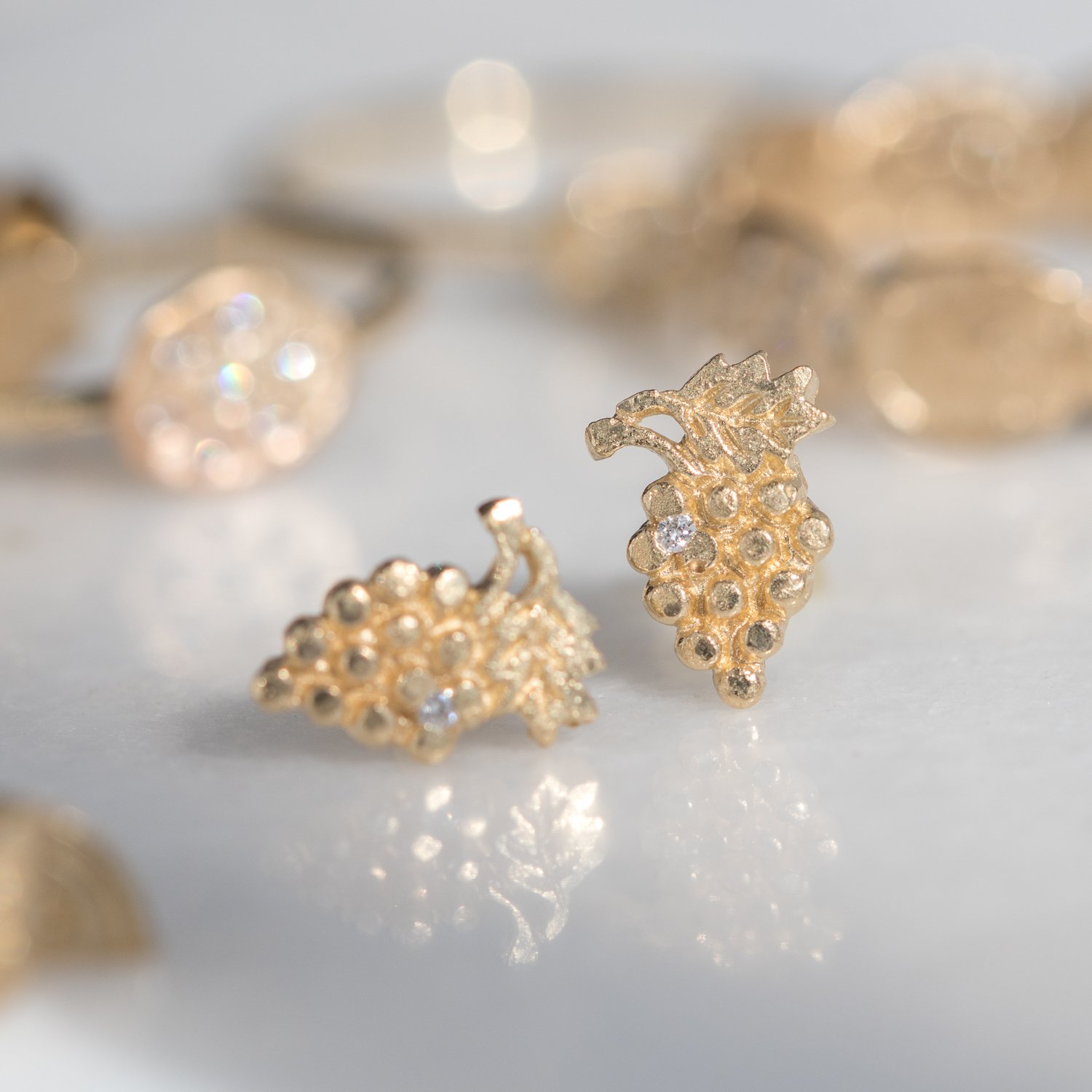 grape post earrings with diamonds in 14k yellow gold by jewelry designer Victoria Cunningham at NEWTWIST