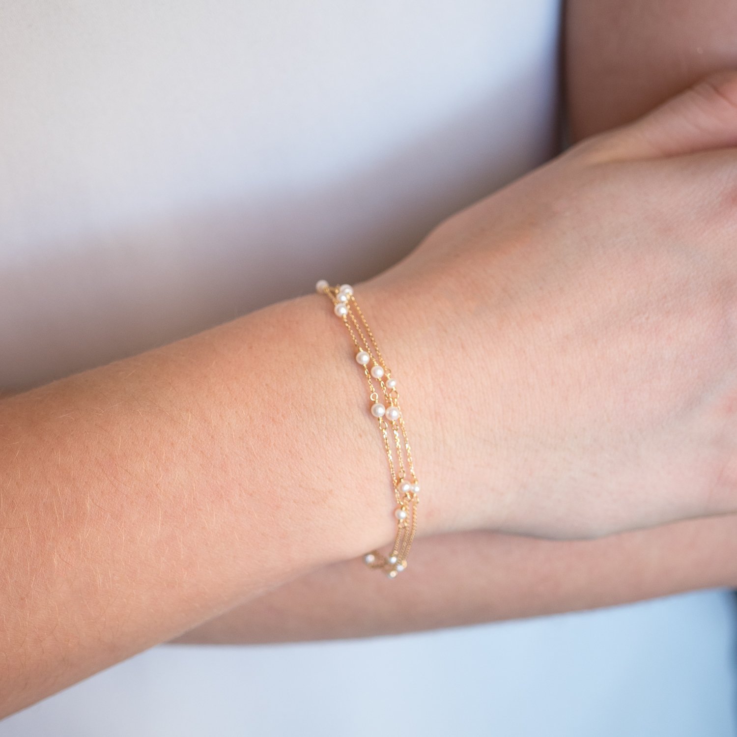 Sweet Pea: Bracelet, Flapper Girl, Triple Chain, Pearl, 18K Yellow Gold
